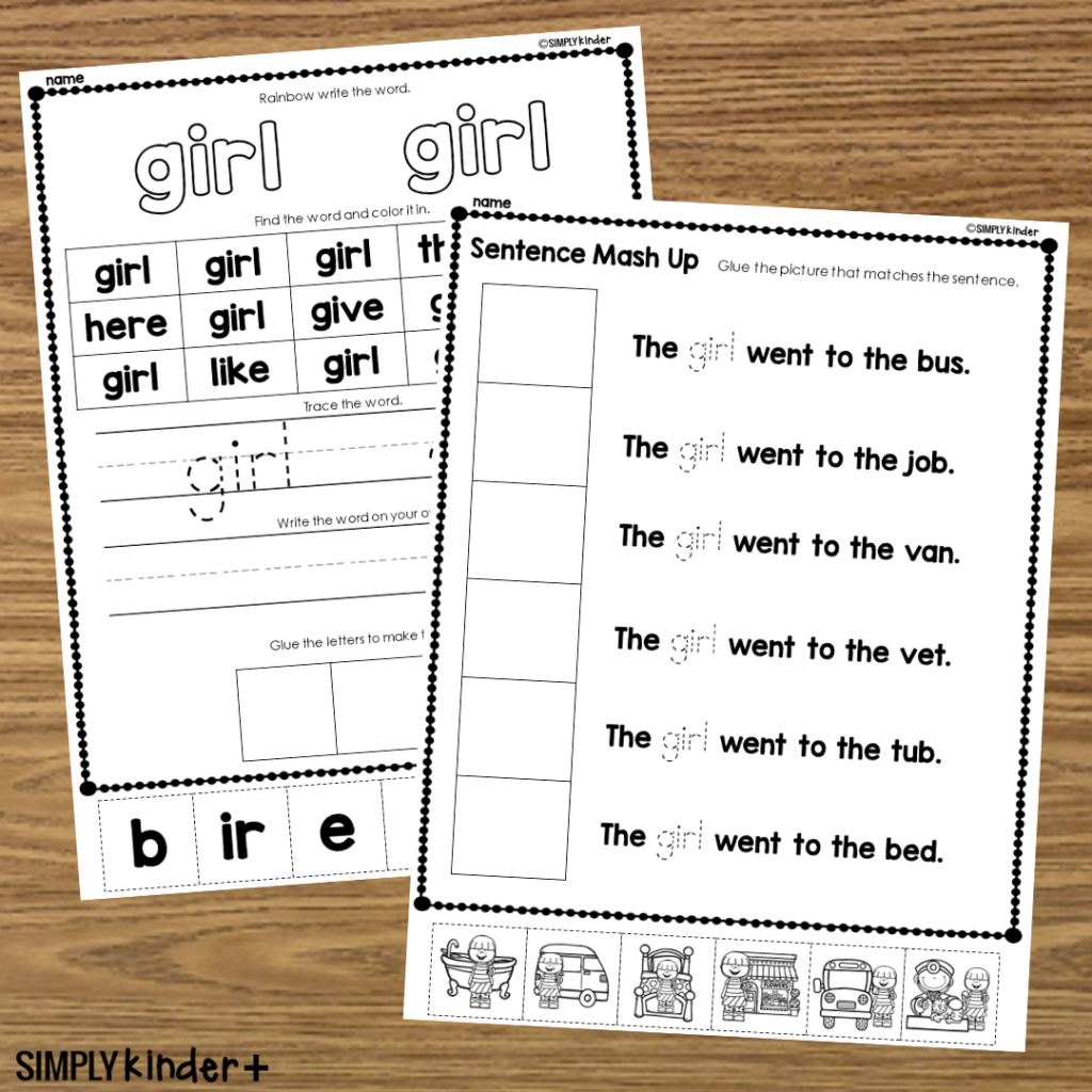 Girl Sight Word Cut U0026 Glue Activities Simply Kinder Plus