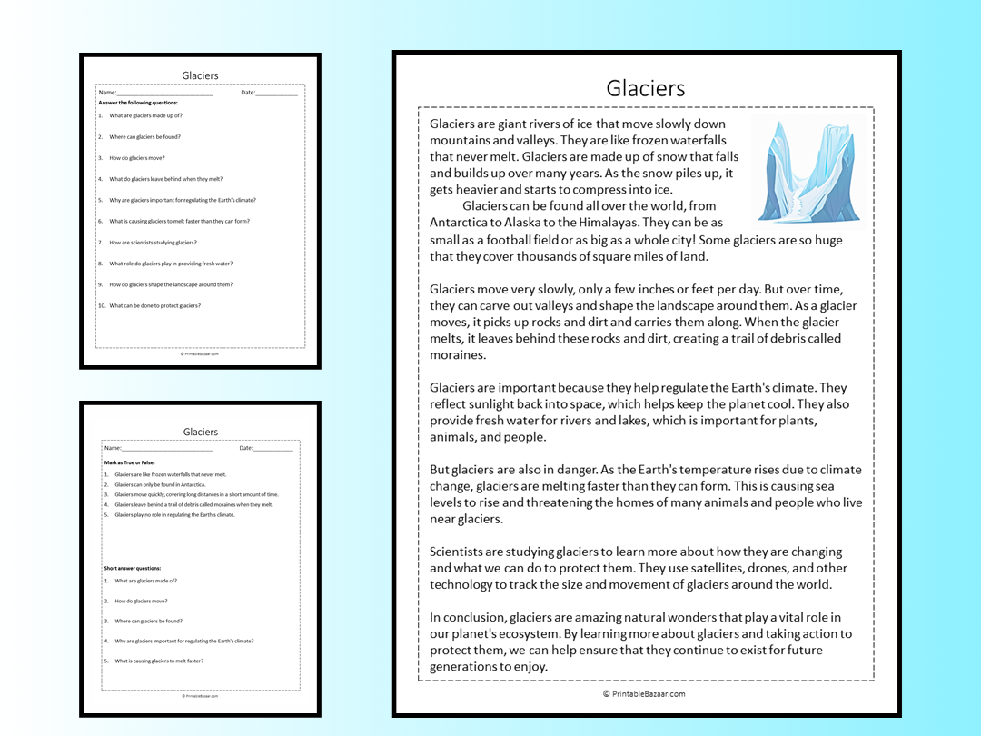 Glaciers Reading Comprehension Passage Printable Worksheet Glaciers Reading Comprehension Passage Printable Worksheet