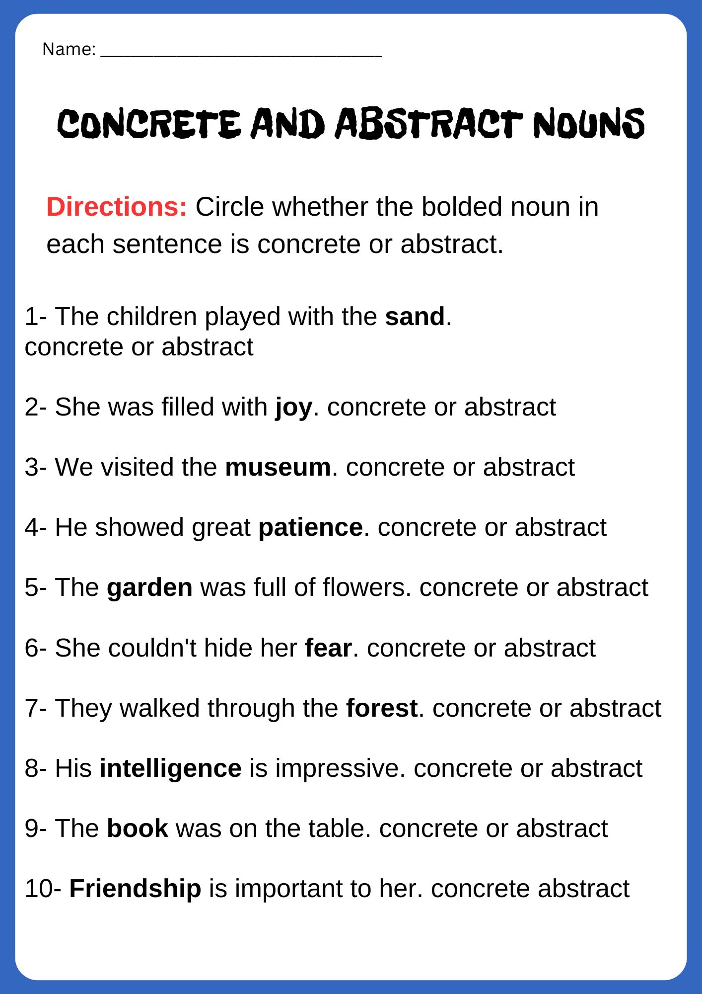 Grammar Activities Concrete And Abstract Nouns Worksheets Made By Teachers