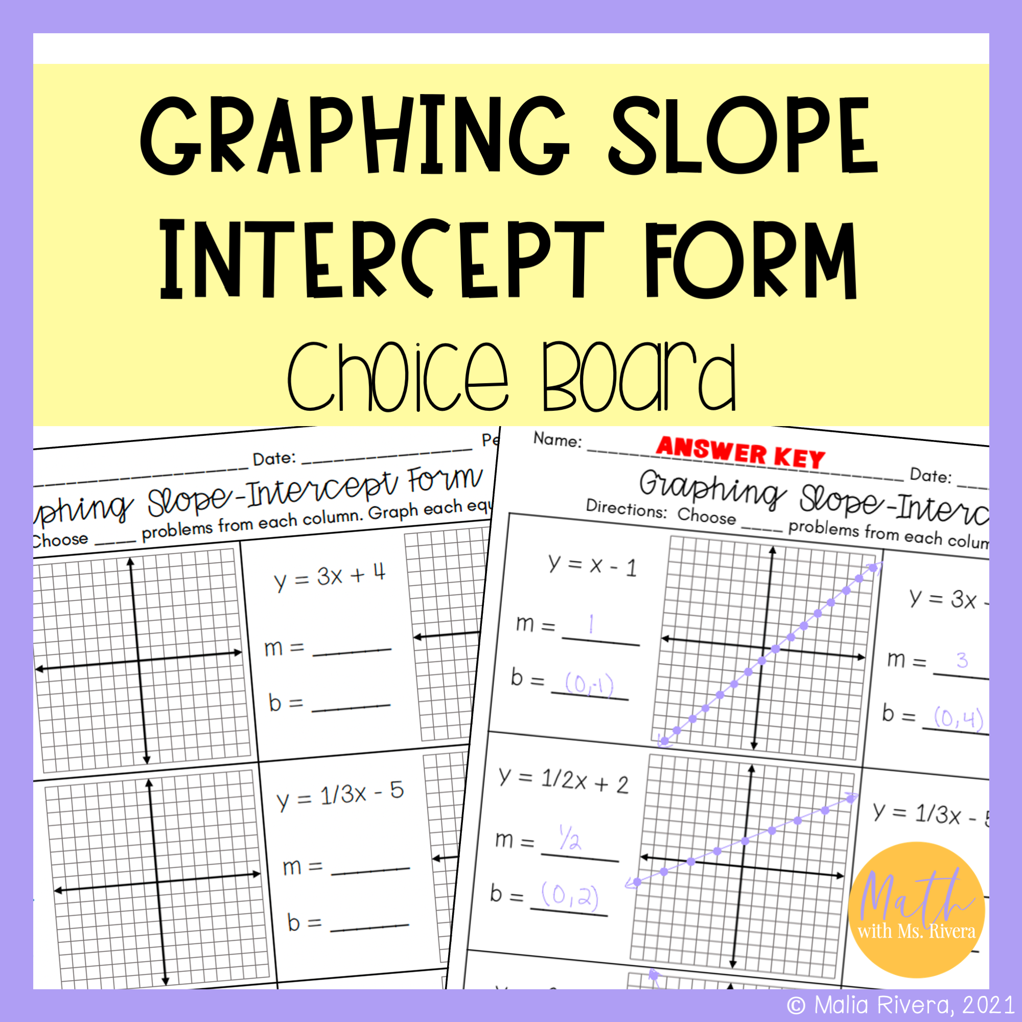 Graphing Slope Intercept Form Worksheet Choice Board For Algebra 1 