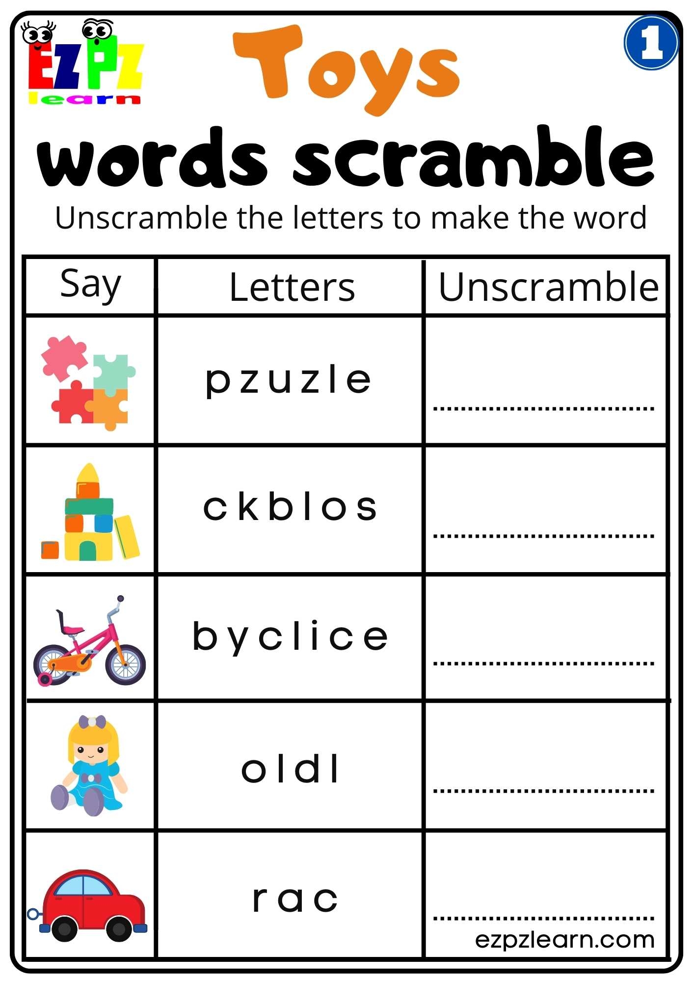 Group 1 Toys Words Scramble Vocabulary Worksheet For K5 And ESL 