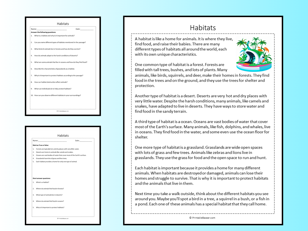 Habitats Reading Comprehension Passage Printable Worksheet Teaching Resources