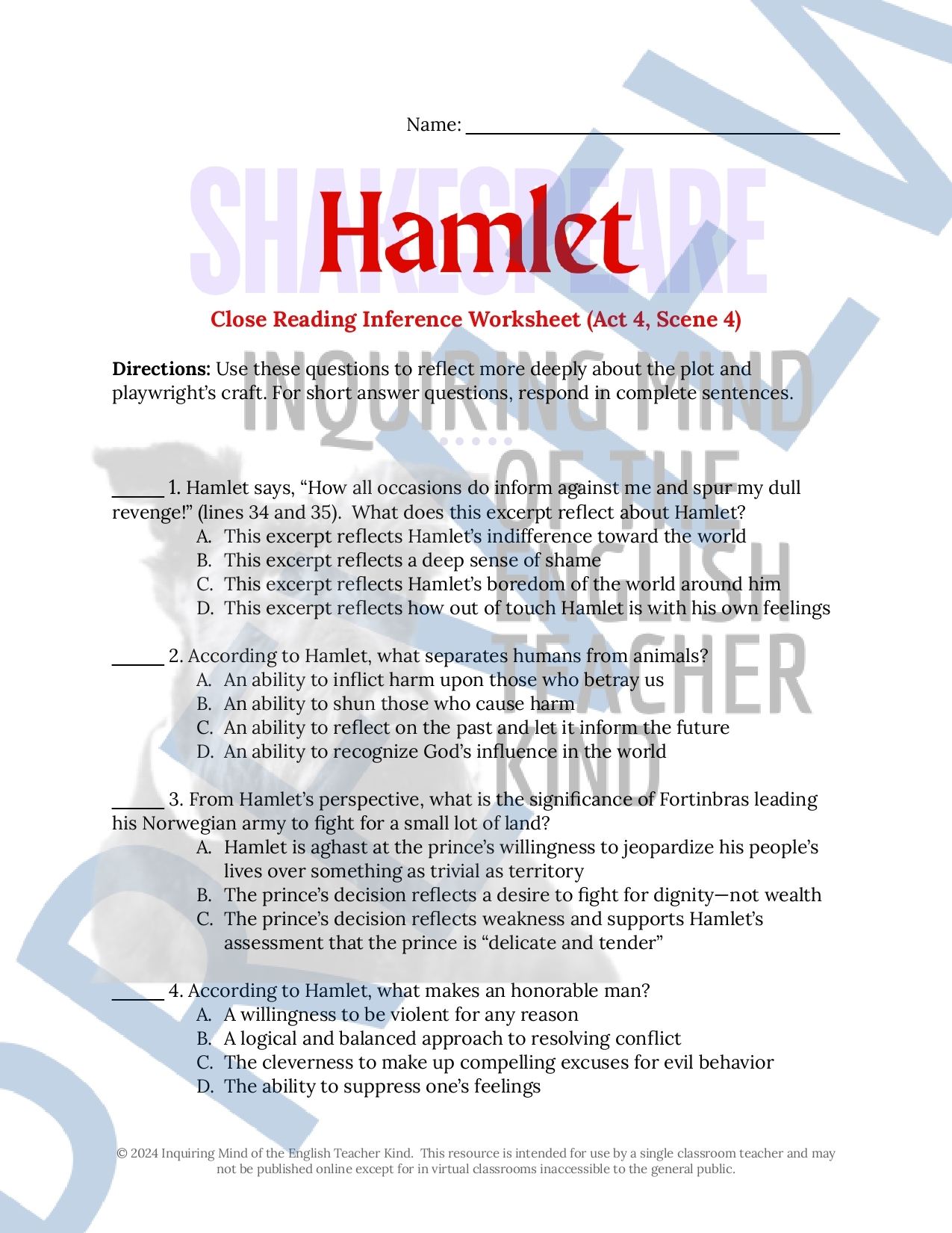 Free Printable Shakespeare Hamlet Worksheets