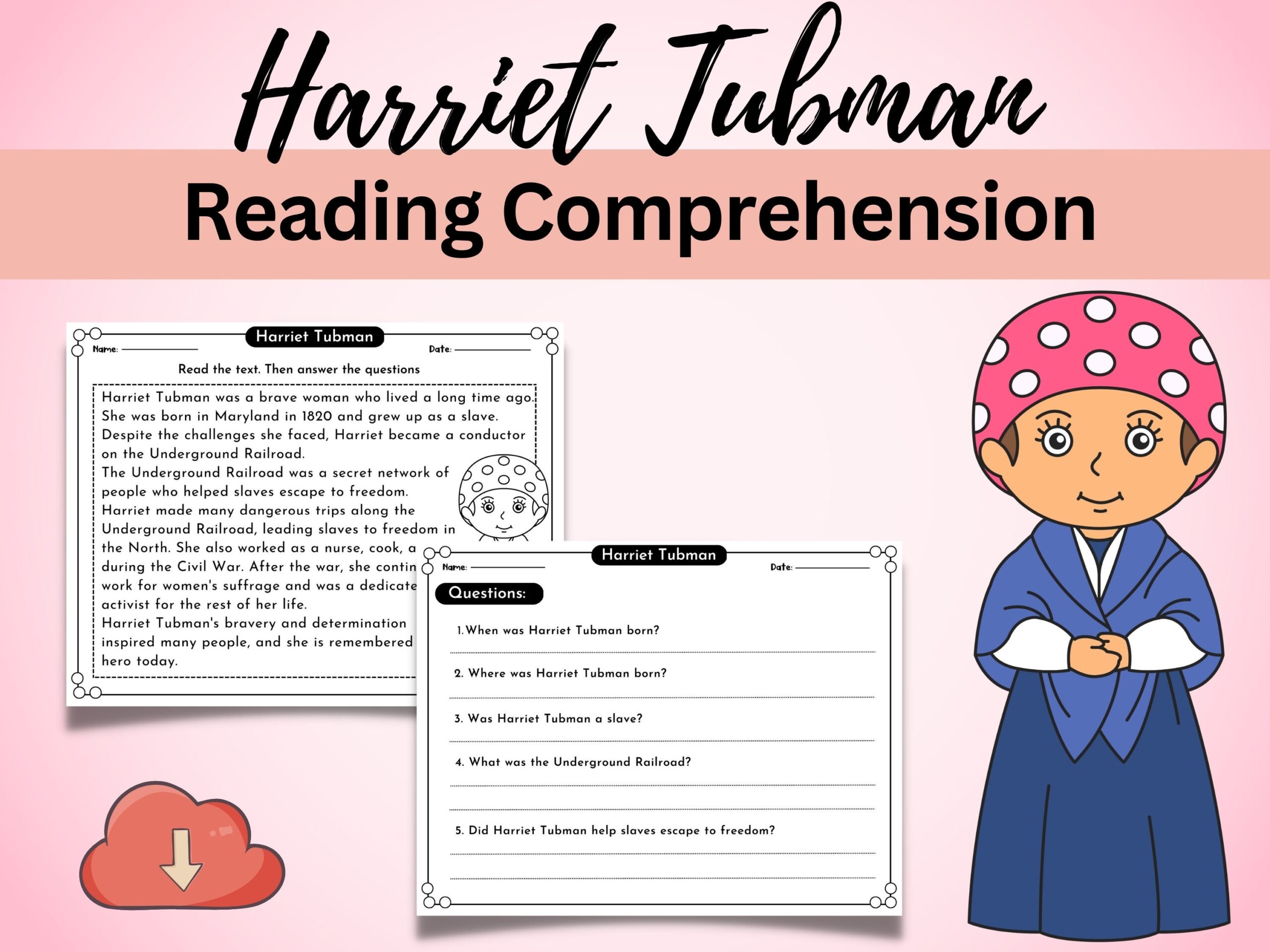 Harriet Tubman Reading Comprehension Passage Black History Month Social Studies Reading Comprehension Passages K 2 Printable Worksheets Etsy