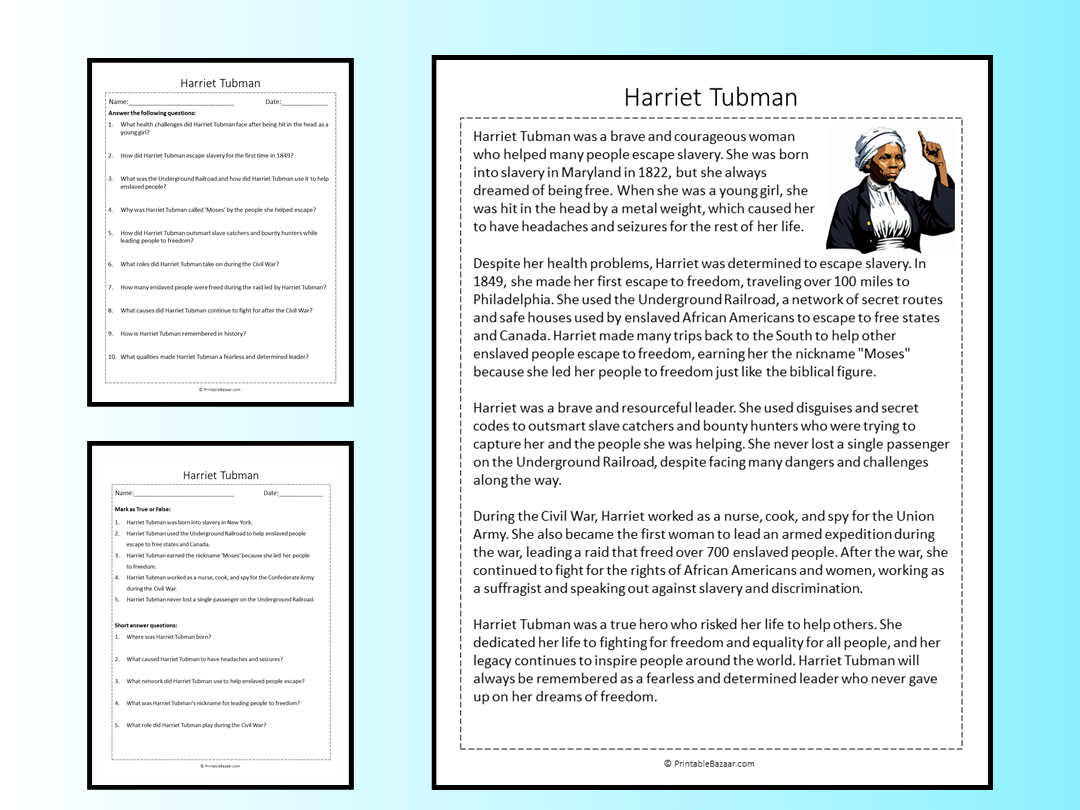 Harriet Tubman Reading Comprehension Passage Printable Worksheet Teaching Resources