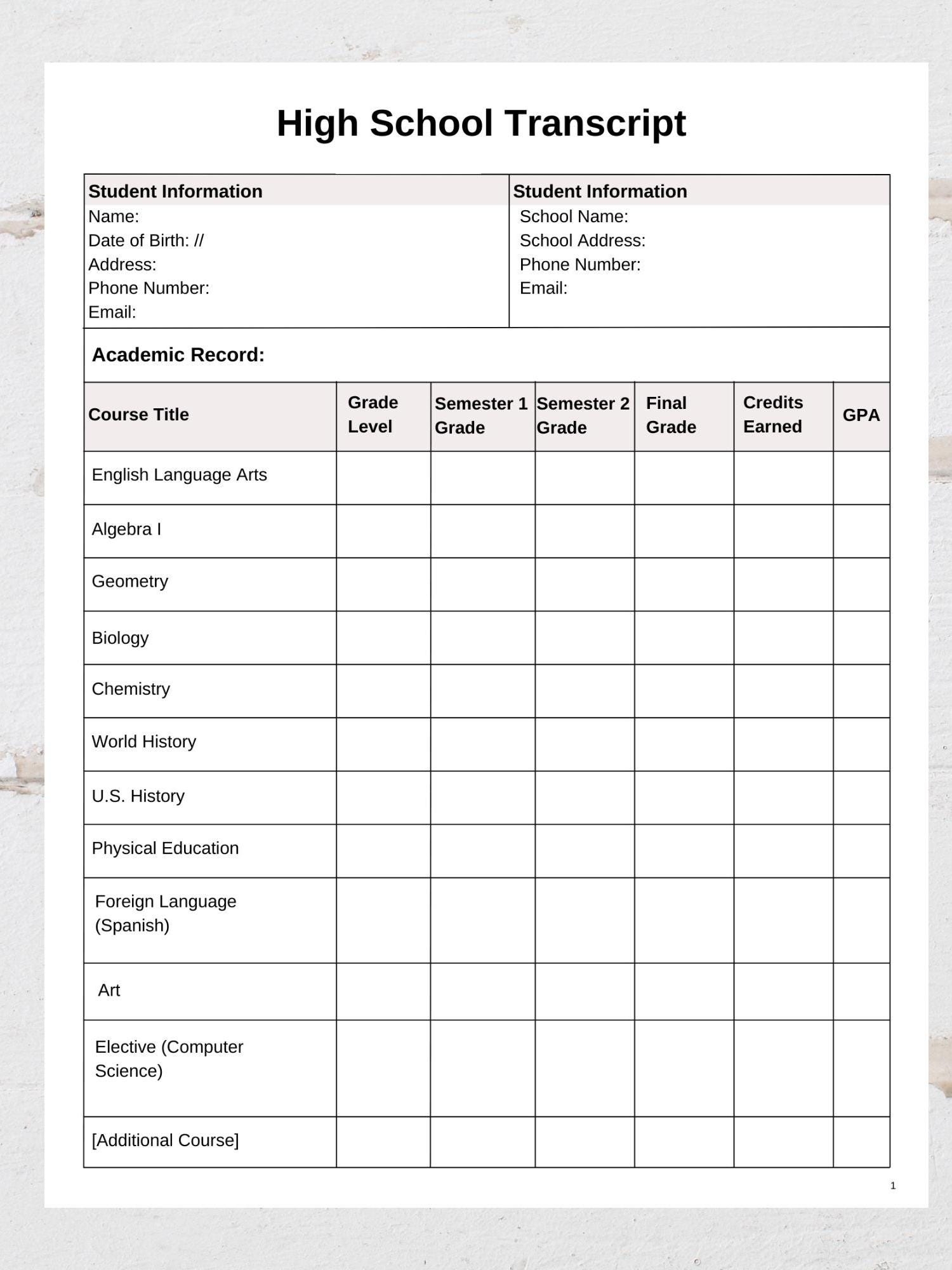 Blank High School Transcript Free Printable