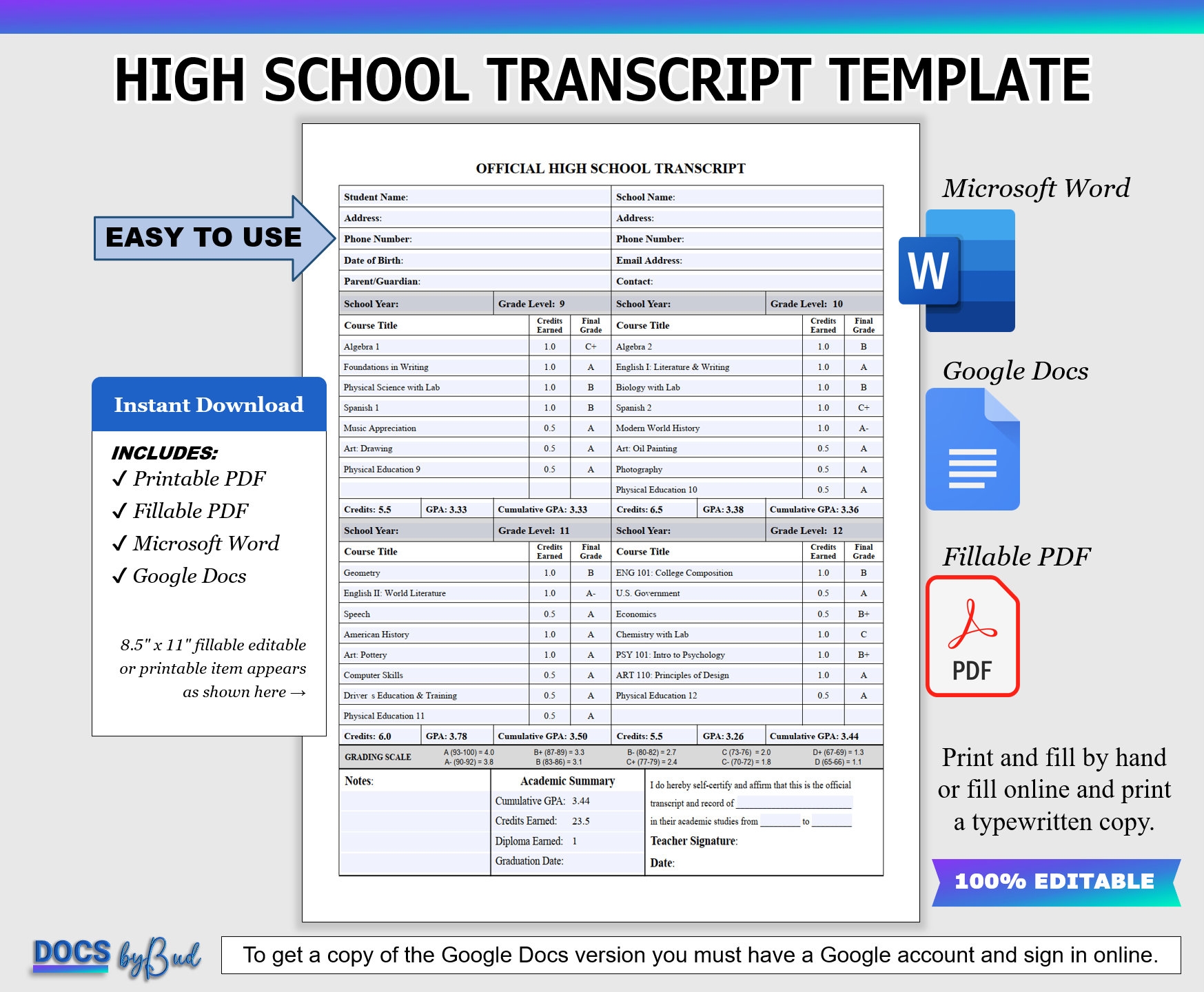 High School Transcript Template Fillable PDF Printable Homeschool Transcript Template PDF Fully Editable In Microsoft Word Or Google Docs Etsy