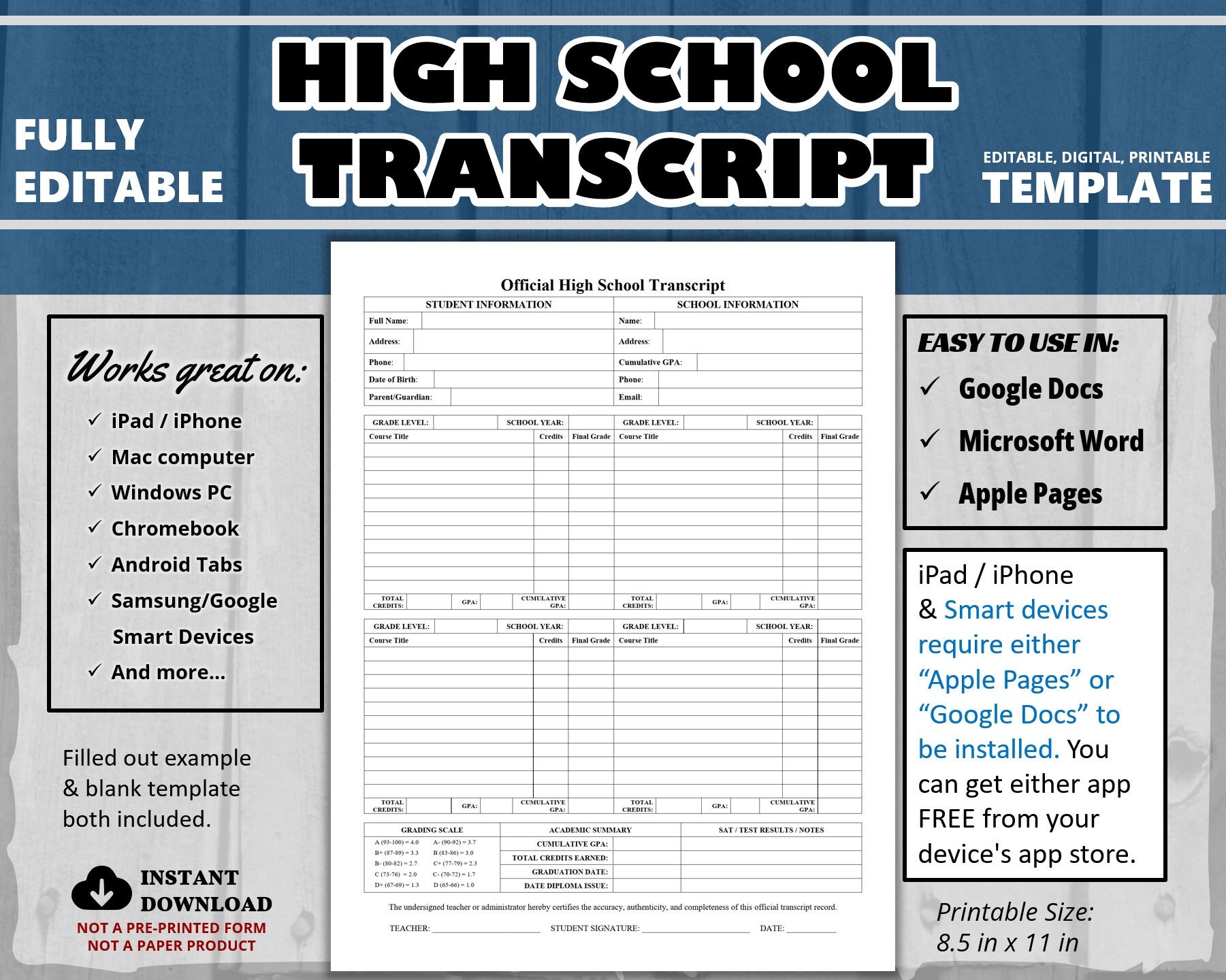 High School Transcript Template Google Docs Editable High School Transcript Template Fillable PDF DIY Homeschool High School Transcript Etsy