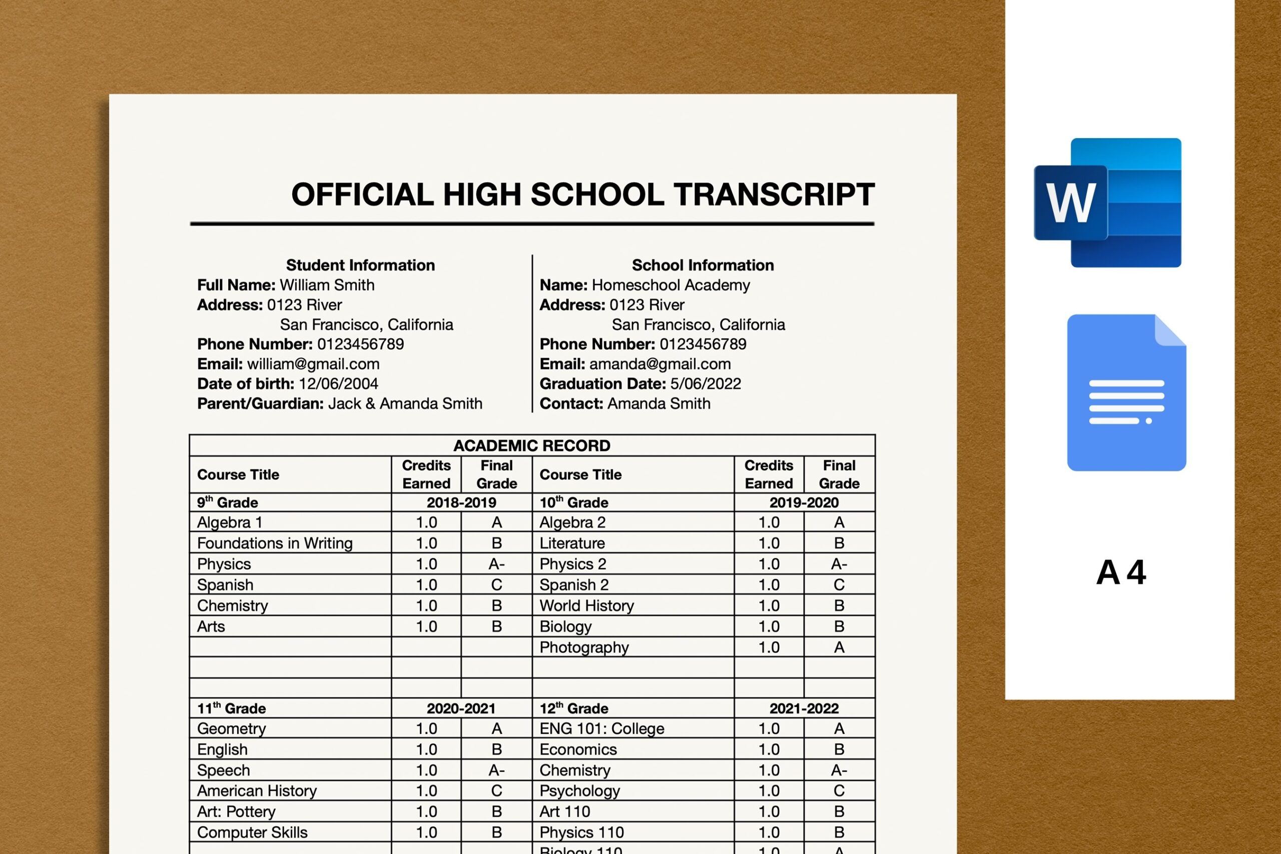 High School Transcript Template MS Word Docs Editable