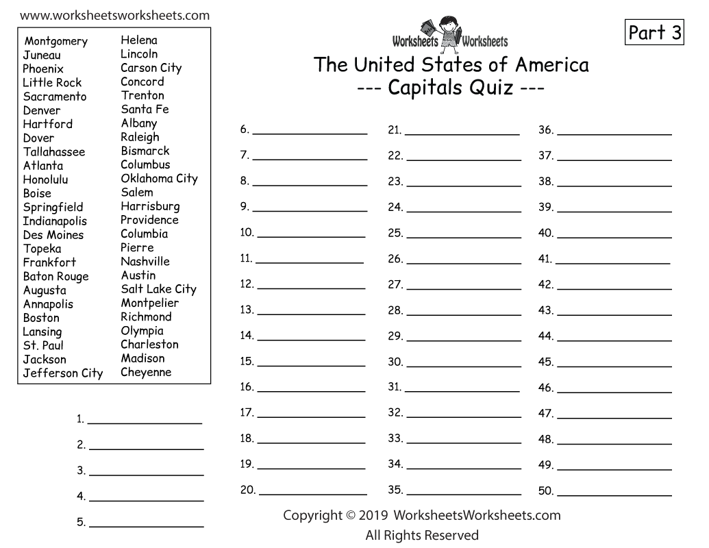 Free Printable Us Capitals Worksheet