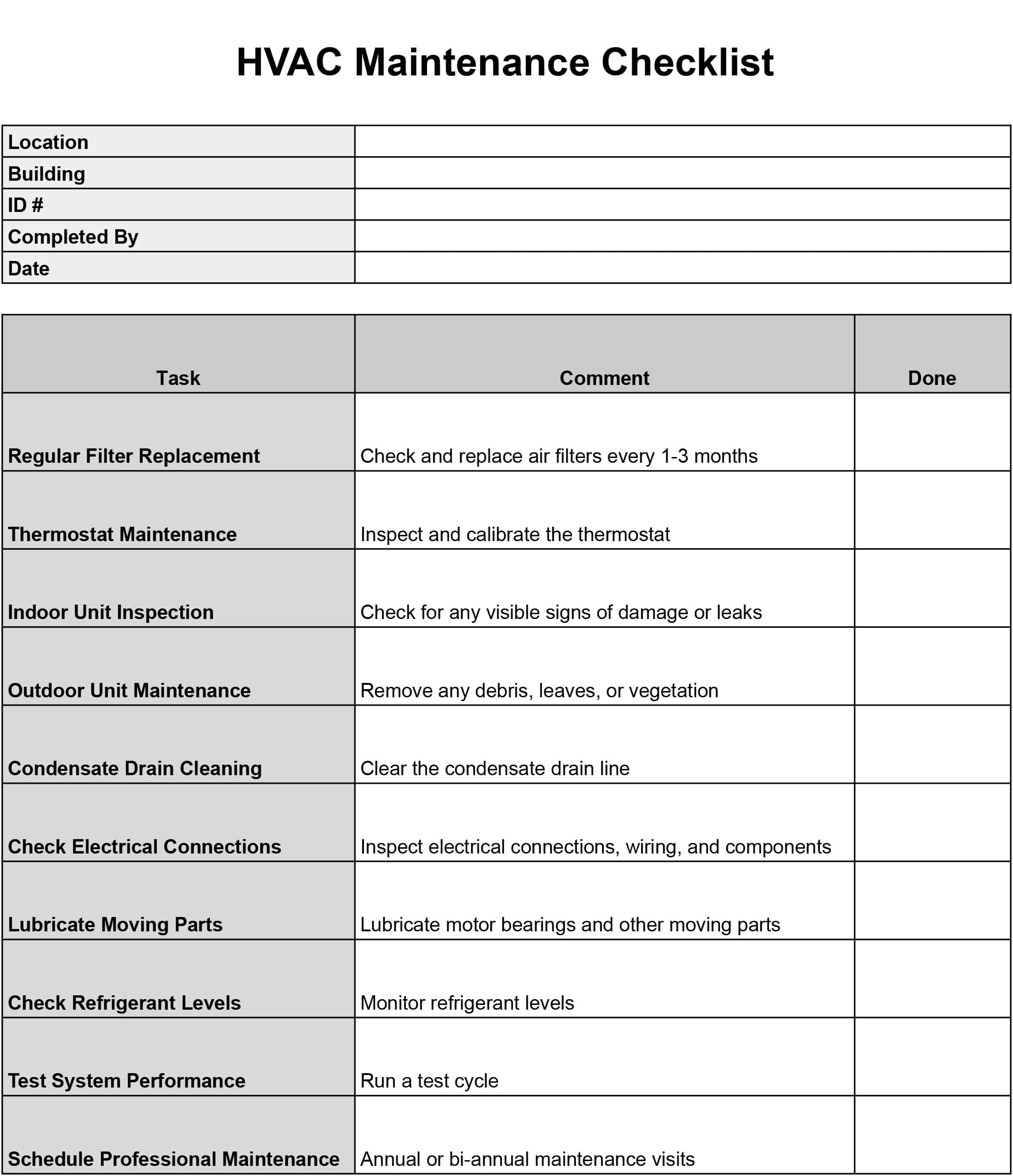 HVAC Maintenance Checklist Templates Download And Print Free 
