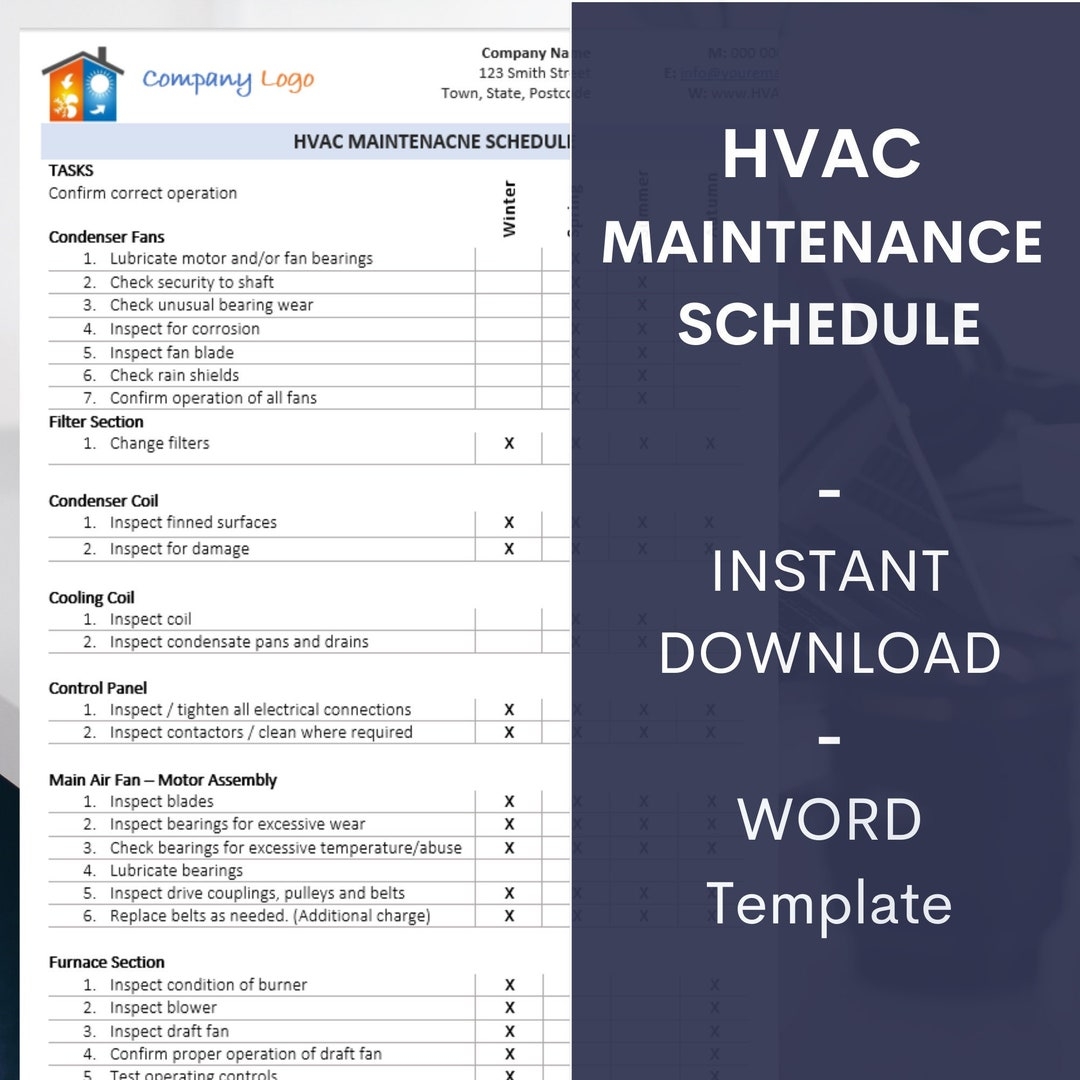 HVAC Maintenance Schedule preventative Maintenance cleaning Template Instant Download Etsy