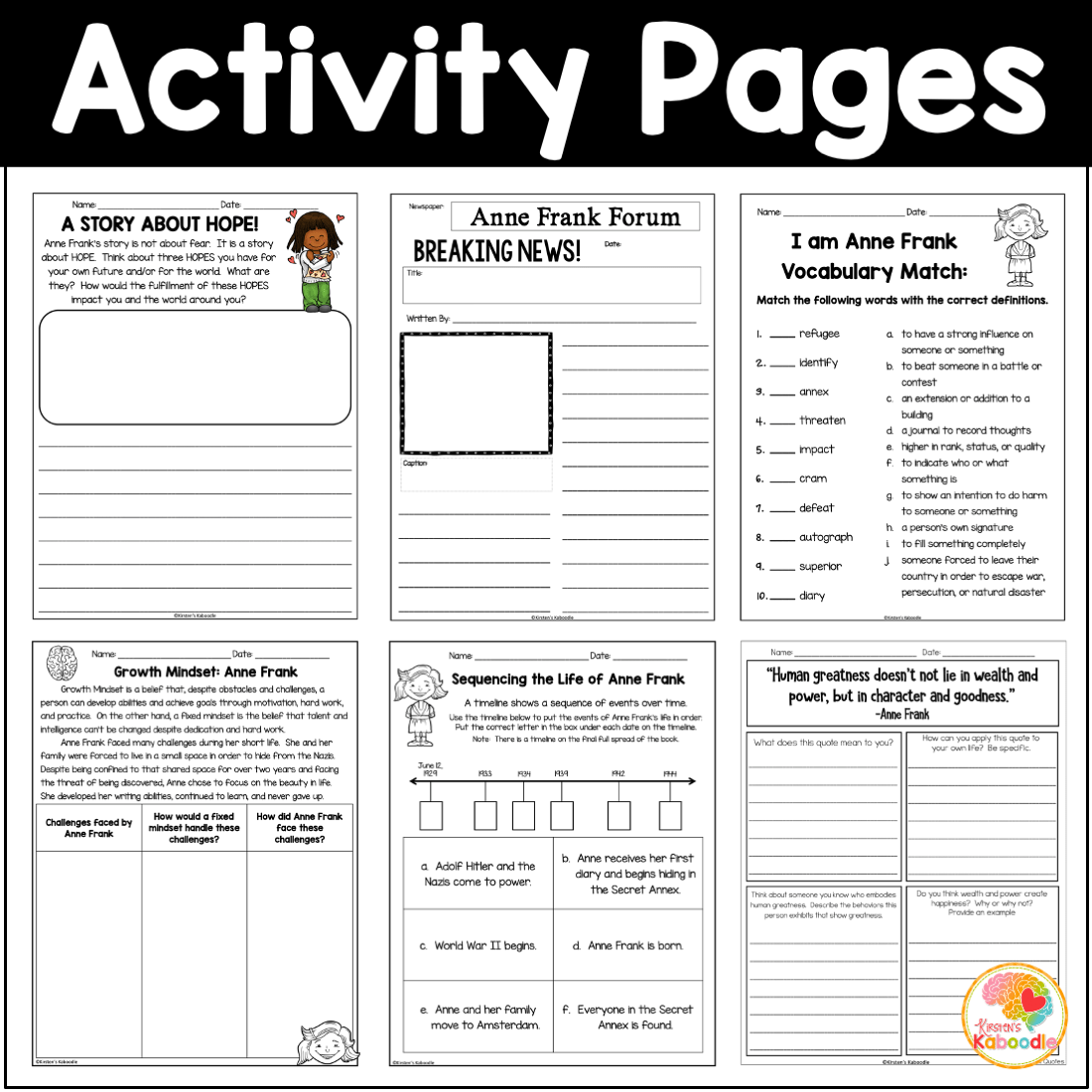 I Am Anne Frank By Brad Meltzer Activities And Worksheets For Kids 