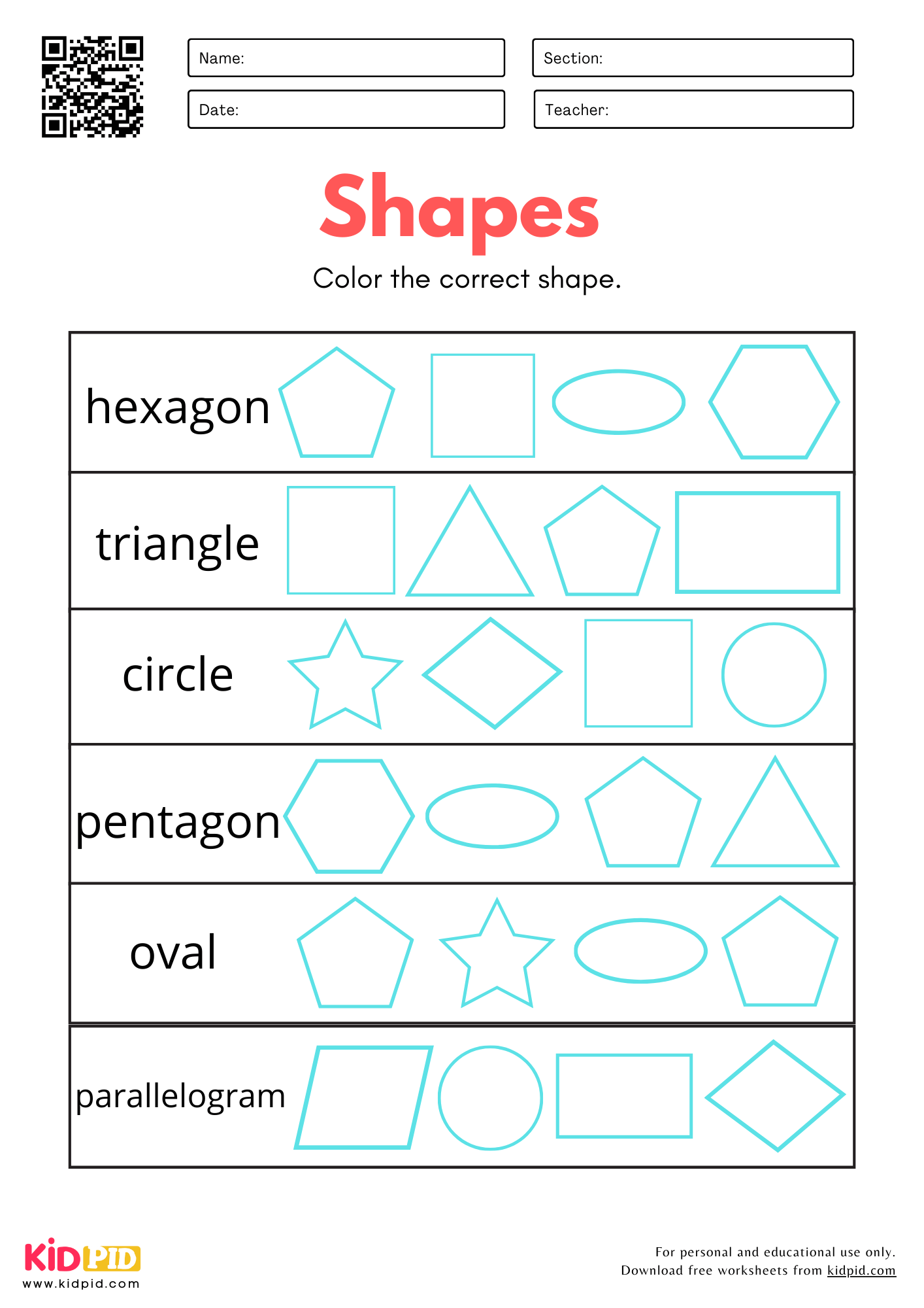 Free Printable Shapes Worksheet For Preschool