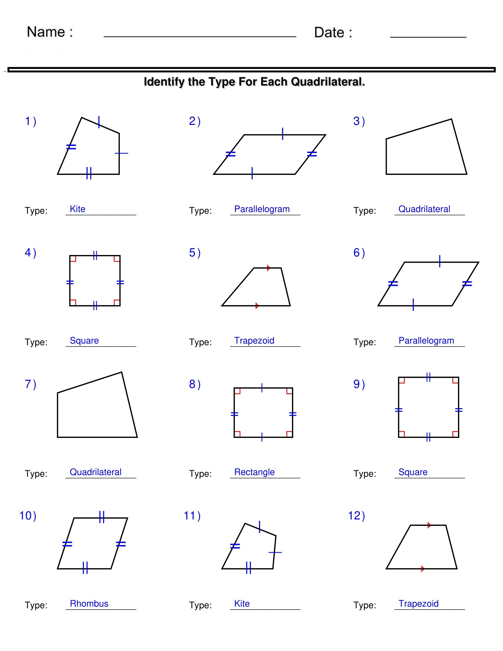 Identify The Type For Quadrilateral Quadrilaterals And Polygons 