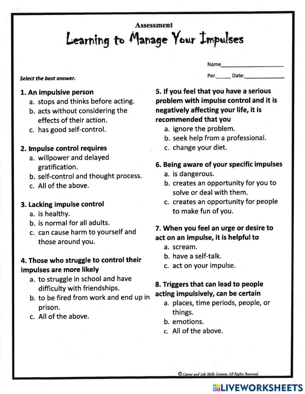 Free Printable Worksheets On Impulse Control