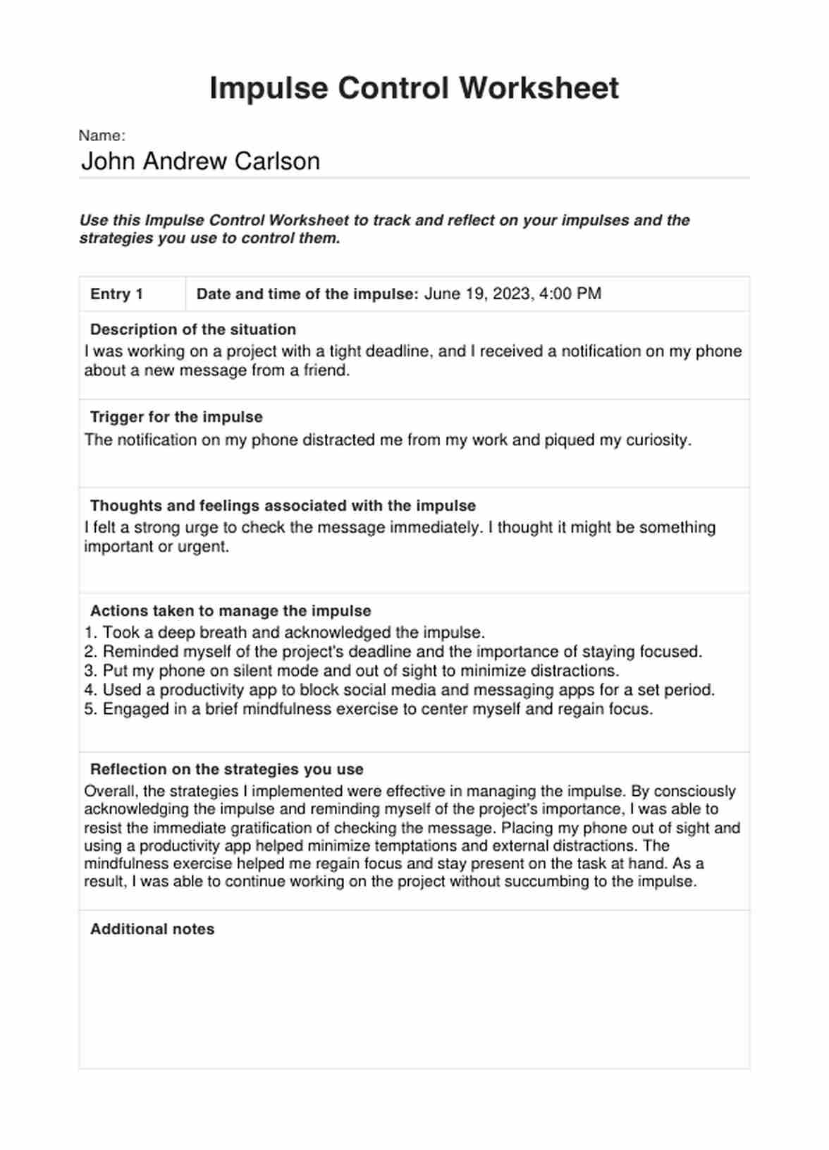 Impulse Control Worksheet U0026 Example Free PDF Download