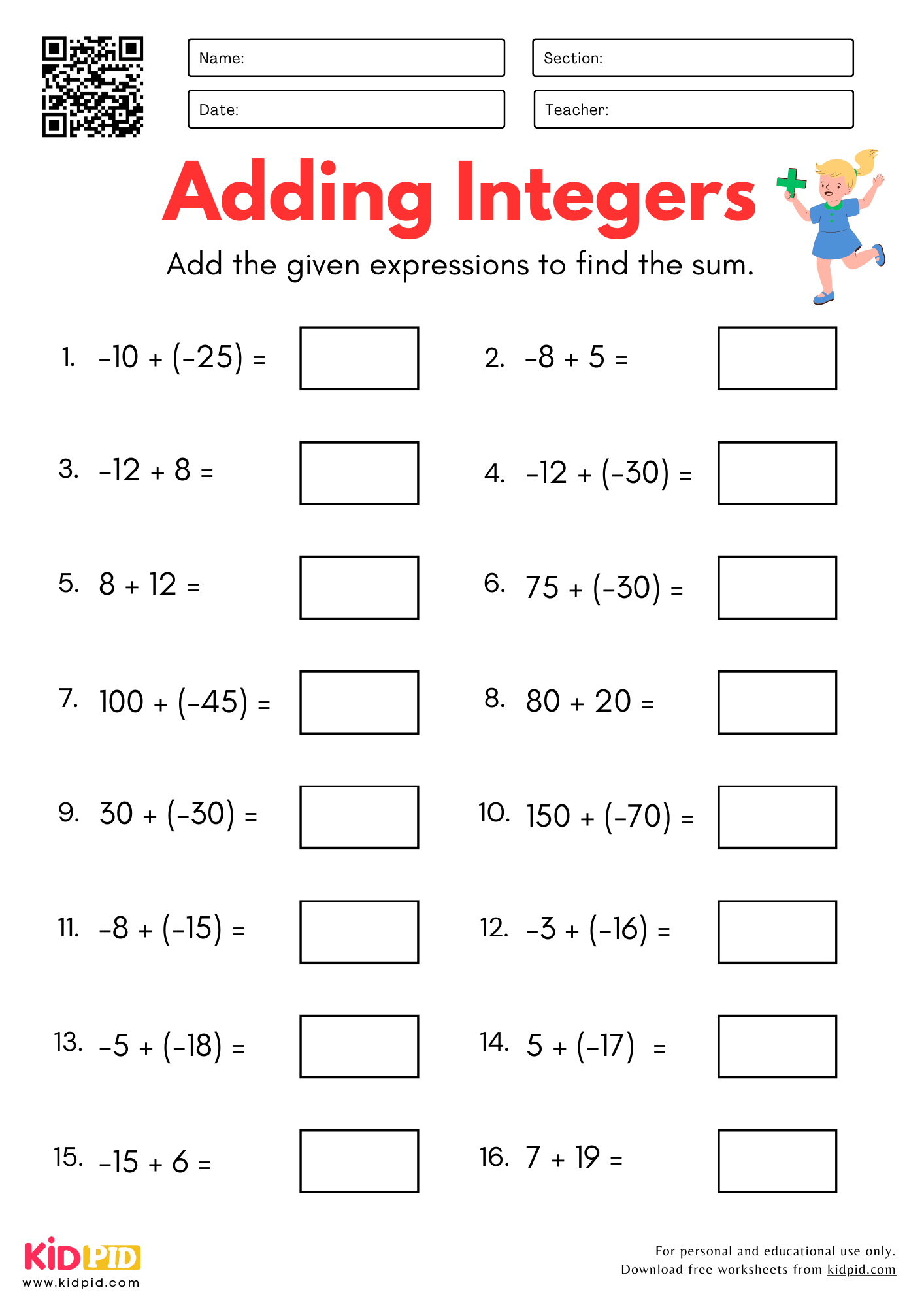 Integers Worksheet For Grade 5 Kidpid