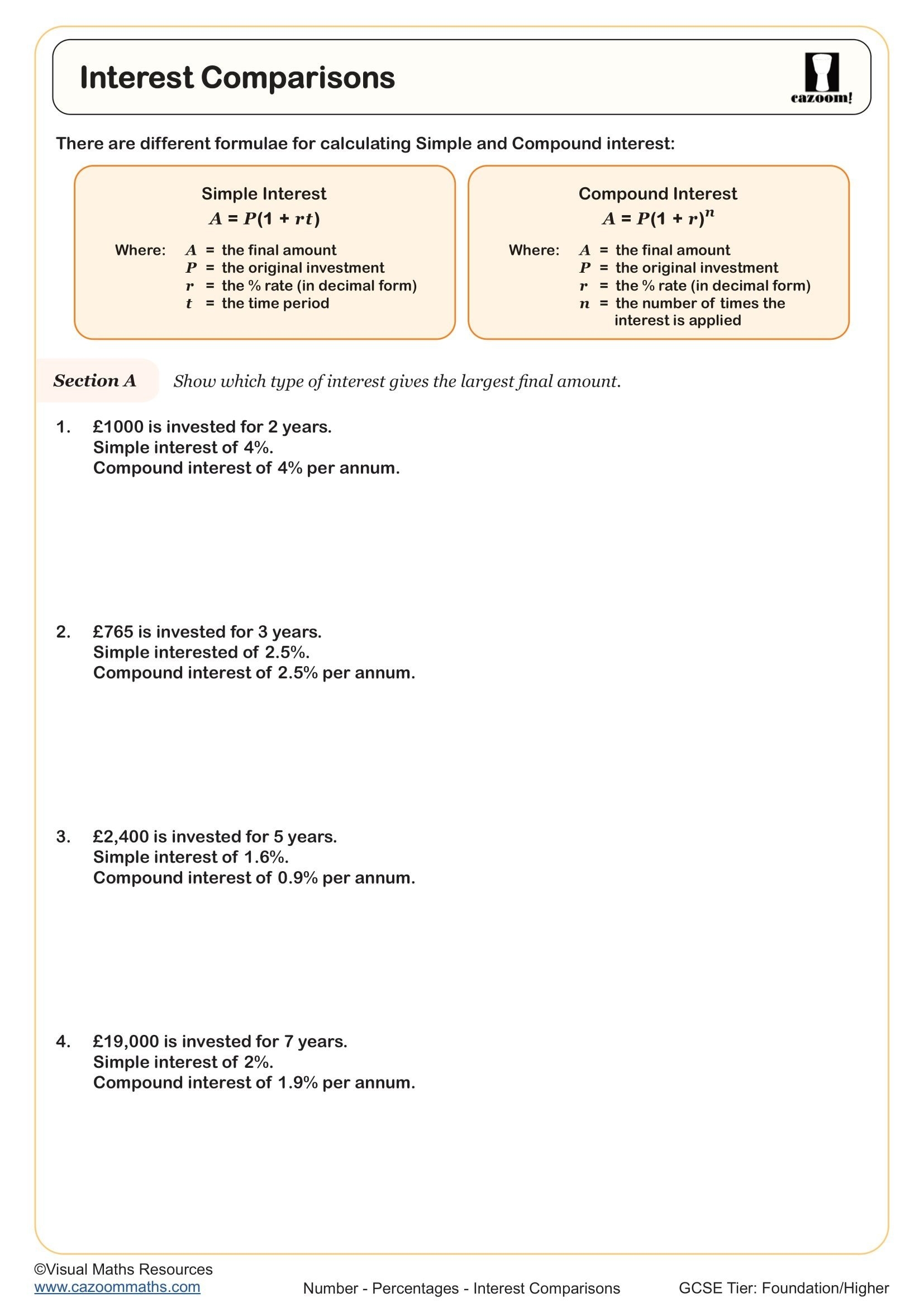 Interest Comparisons Worksheet Printable PDF Year 9 And 10 