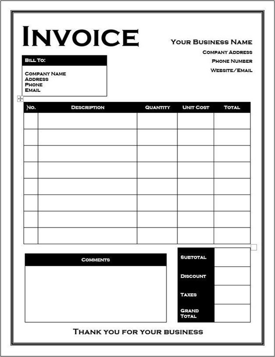 Invoice Template Printable Editable Customizable Microsoft Word Template Black And White Etsy