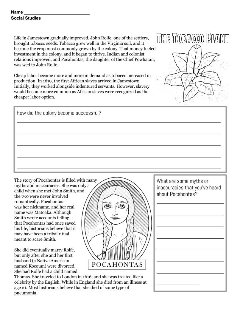 Jamestown Worksheet For Kids Worksheets Library