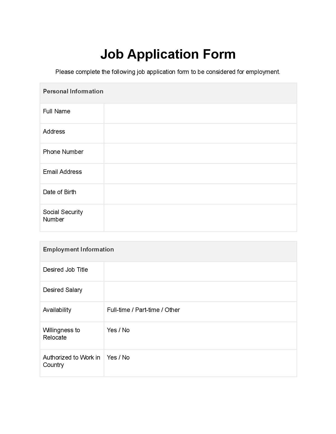 Job Application Form Template Free Download Easy Legal Docs