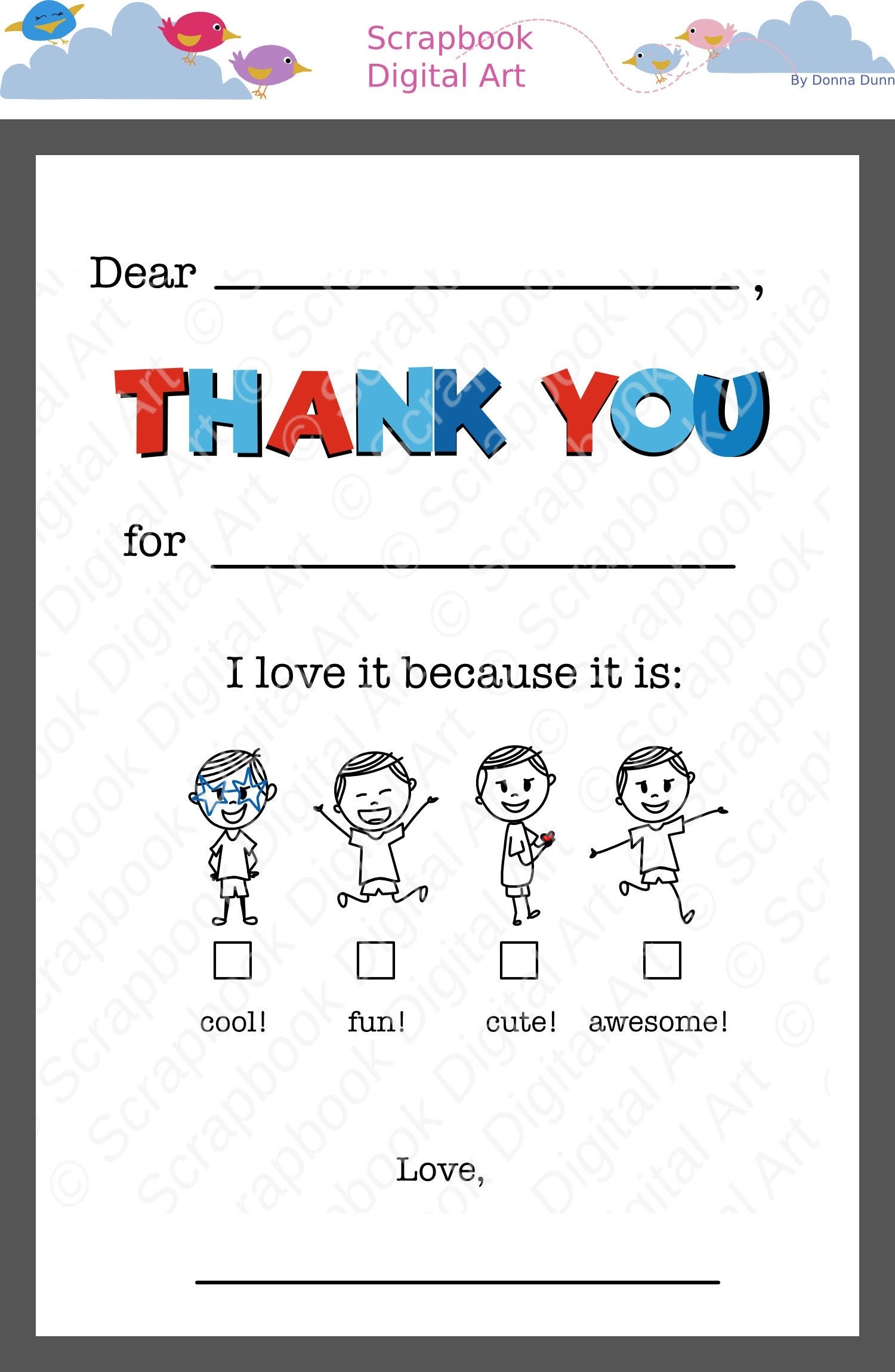 Kids Fill In The Blank Thank You Cards Printable Thank You Flat Card Thank You Note Printable Etsy