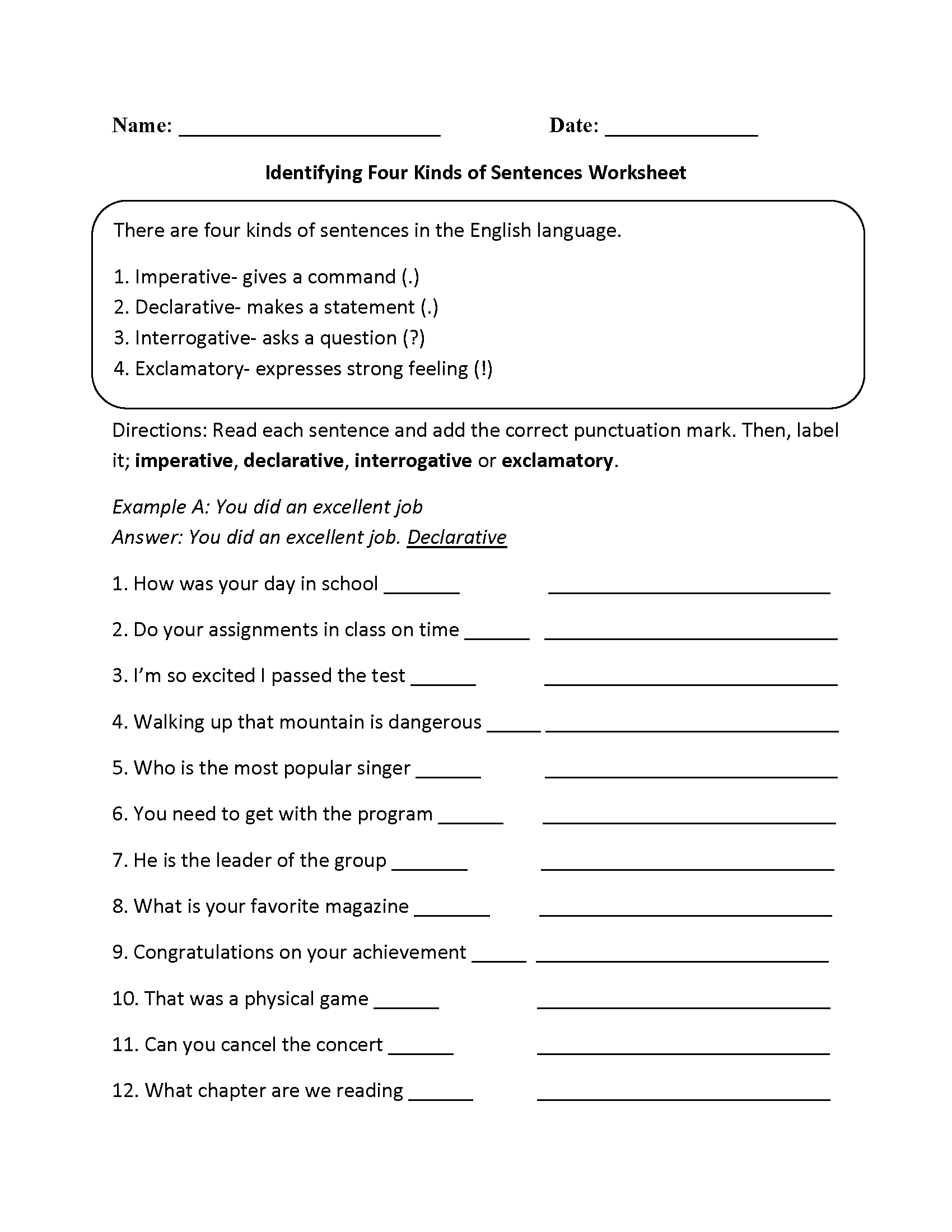 Kinds Of Sentences Worksheets Practicing Four Kinds Of Sentences Worksheet