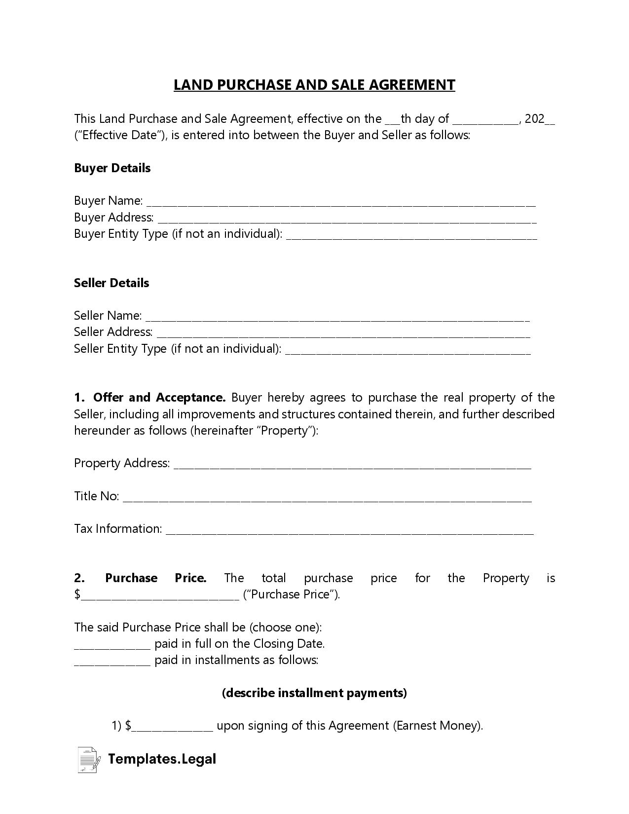 Land Purchase Agreement Templates Free Word PDF ODT 