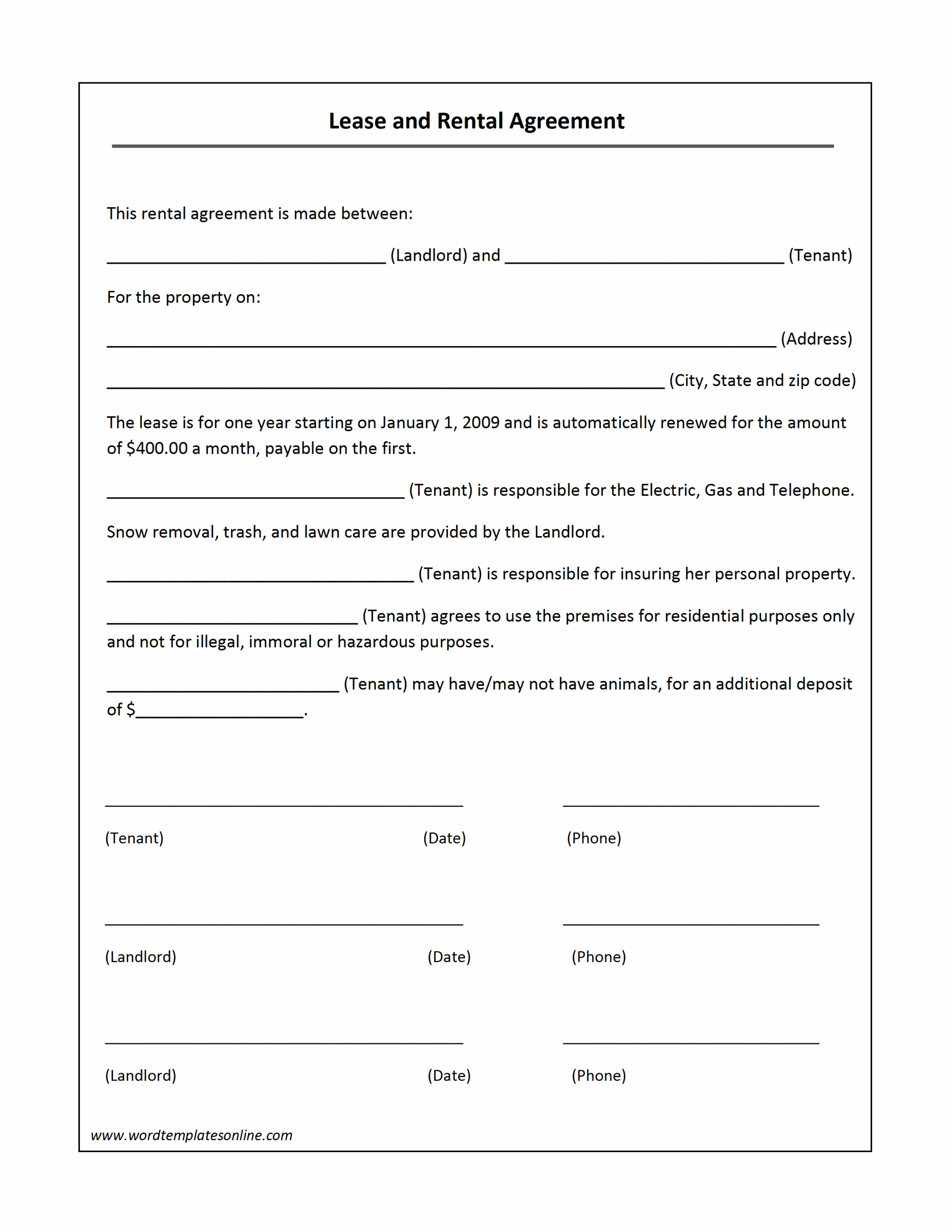 Free Printable Blank Lease Agrreements