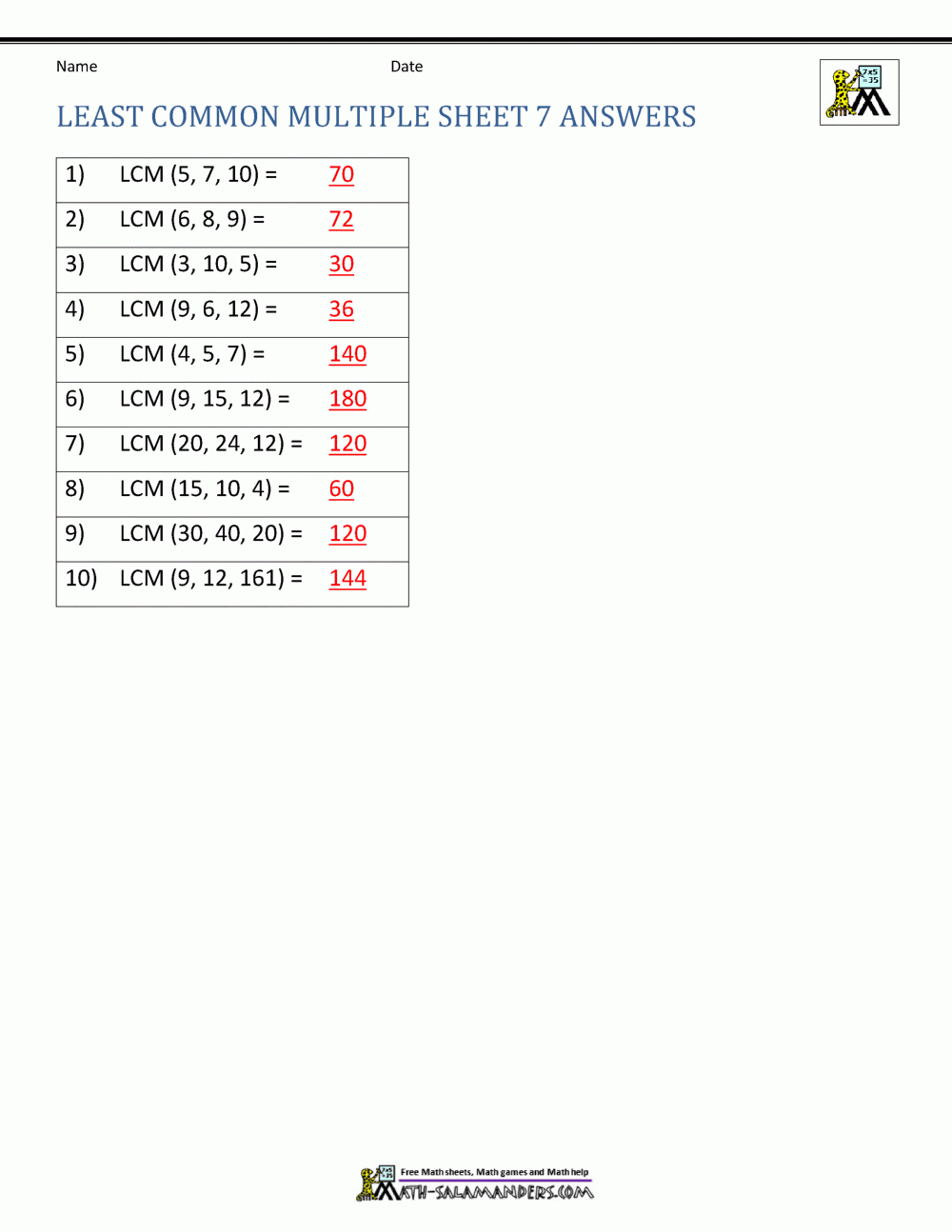 Least Common Multiple Worksheets Page