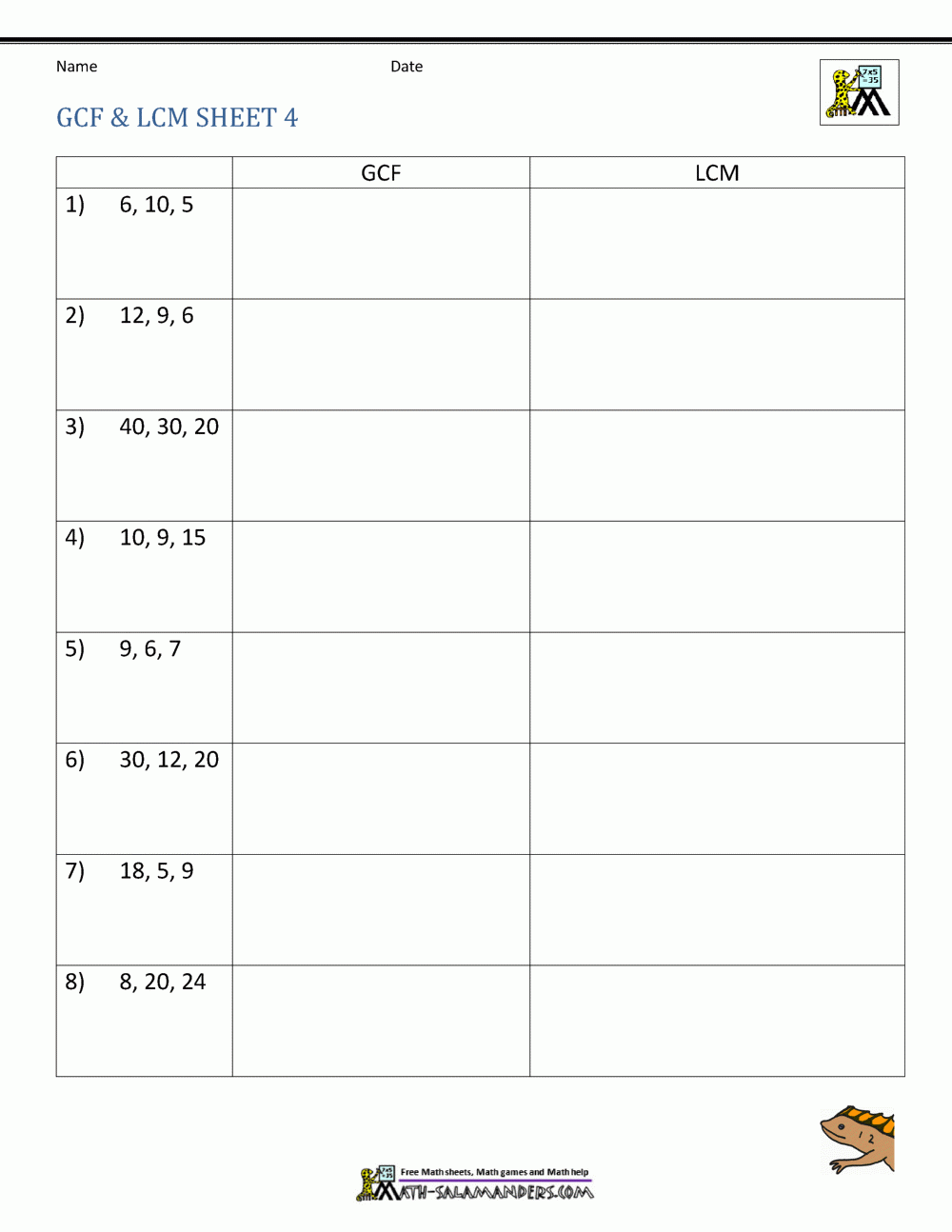Least Common Multiple Worksheets Page