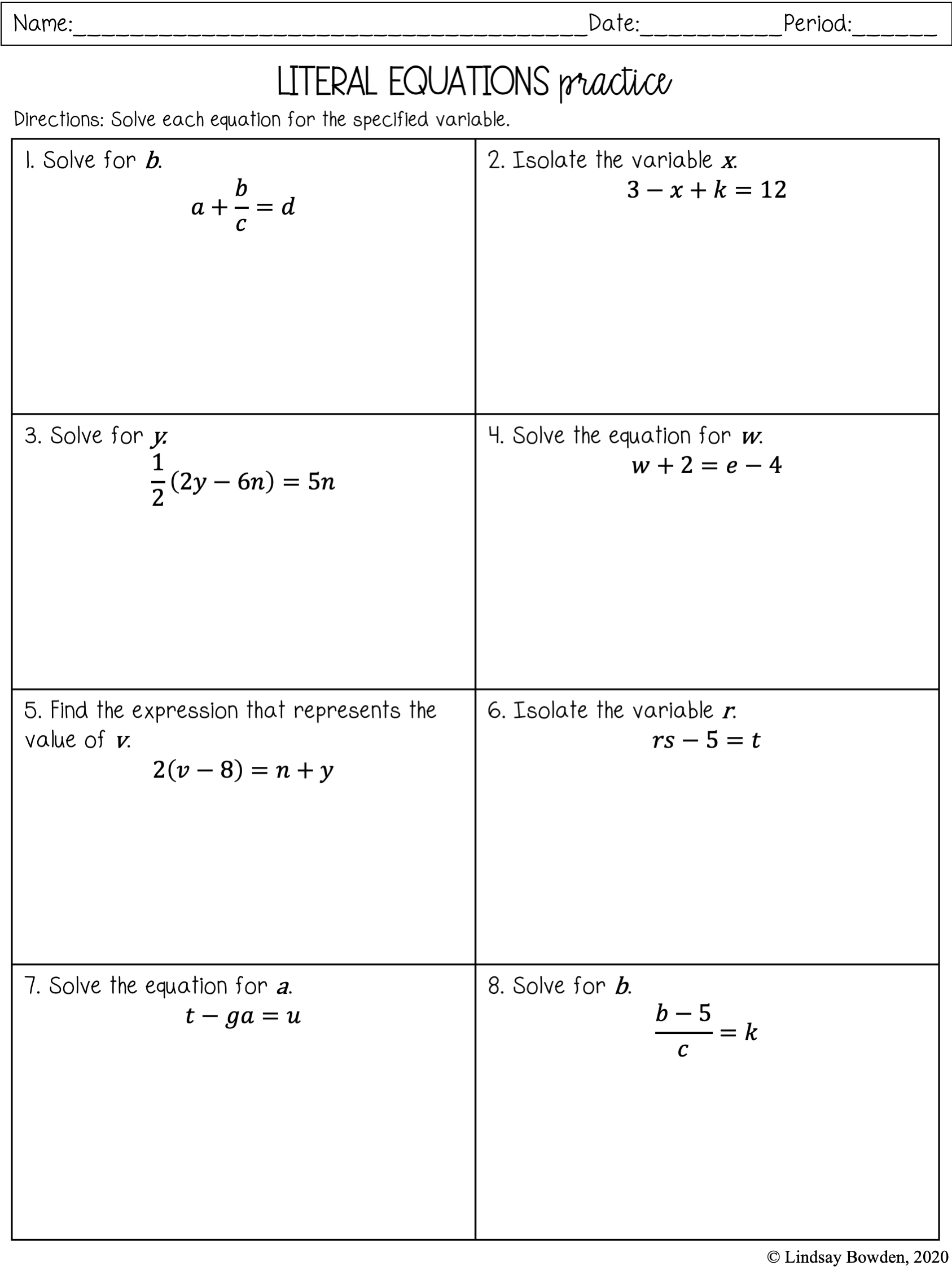 Literal Equations Notes And Worksheets Lindsay Bowden 
