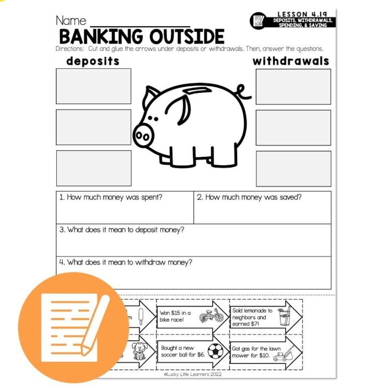 Lucky To Learn Math Deposits Withdrawals Saving Spending Lesson 4 19 Independent Practice Banking Outside Lucky Little Learners