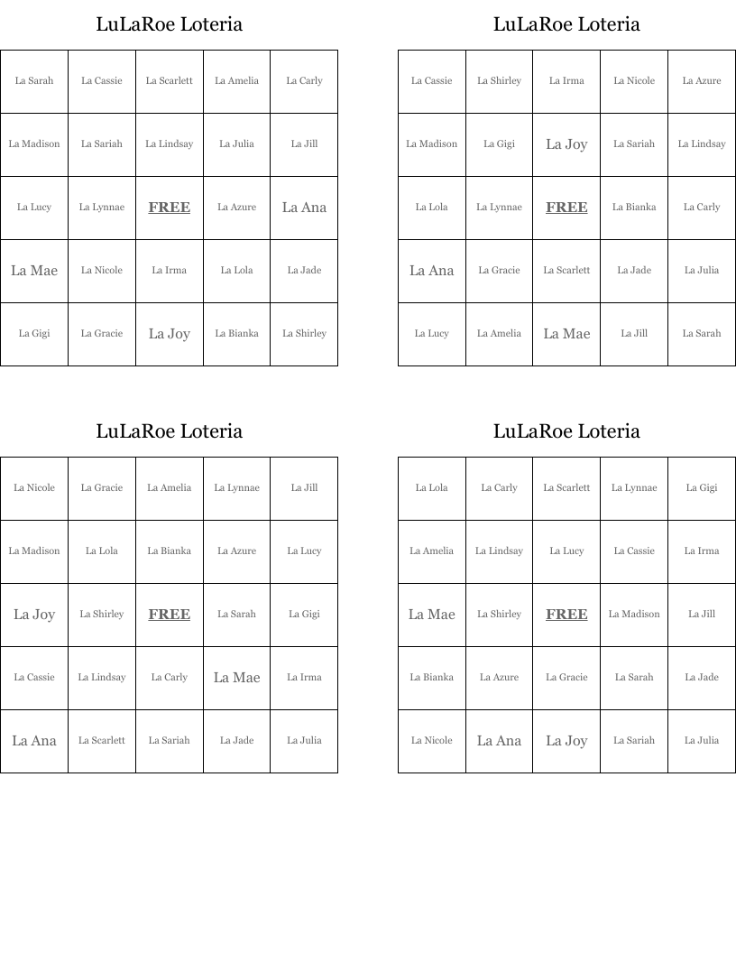 LuLaRoe Loteria Bingo Cards WordMint
