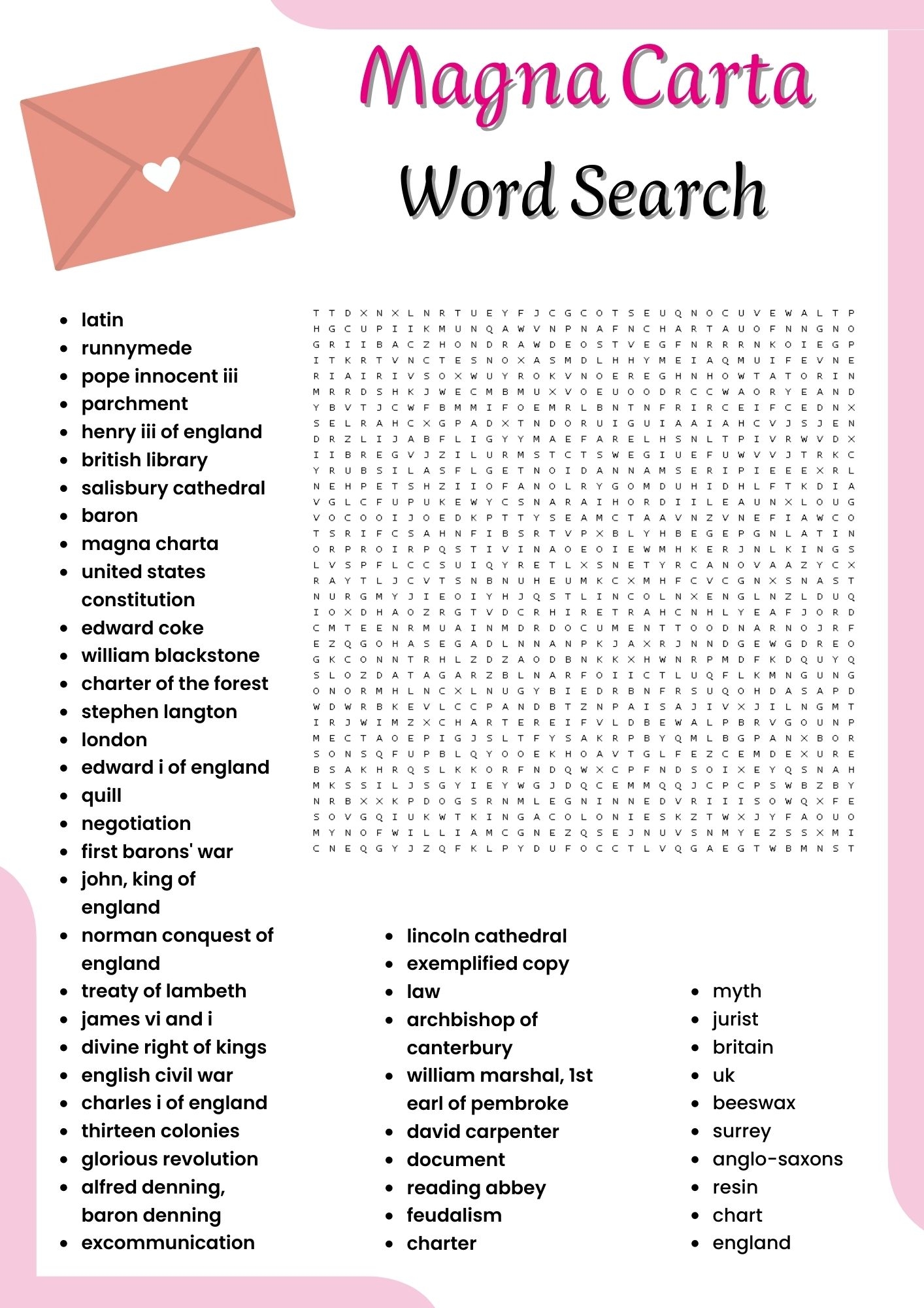 Magna Carta Word Search Puzzle Worksheet Activities For Kids Made By Teachers