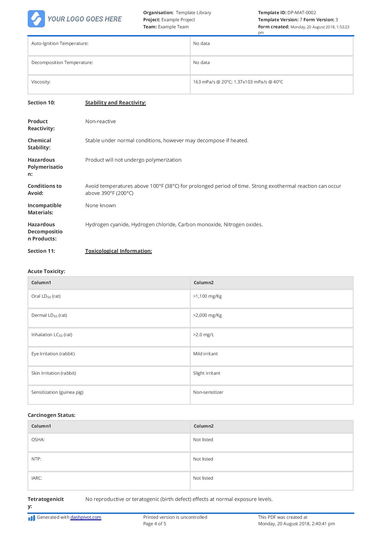 Material Safety Data Sheet Template Download For Free
