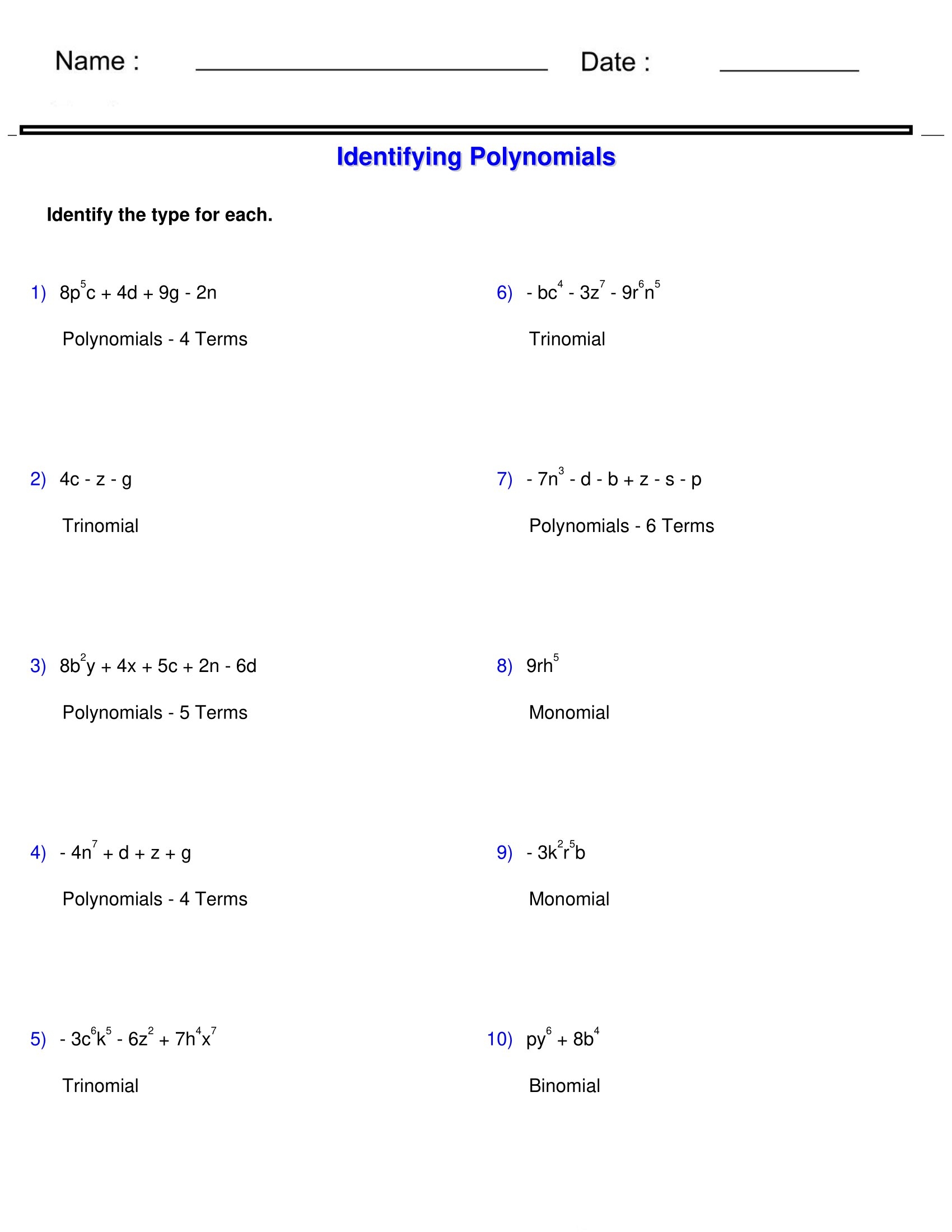 Monomials And Polynomials Worksheets Identifying Type Of 