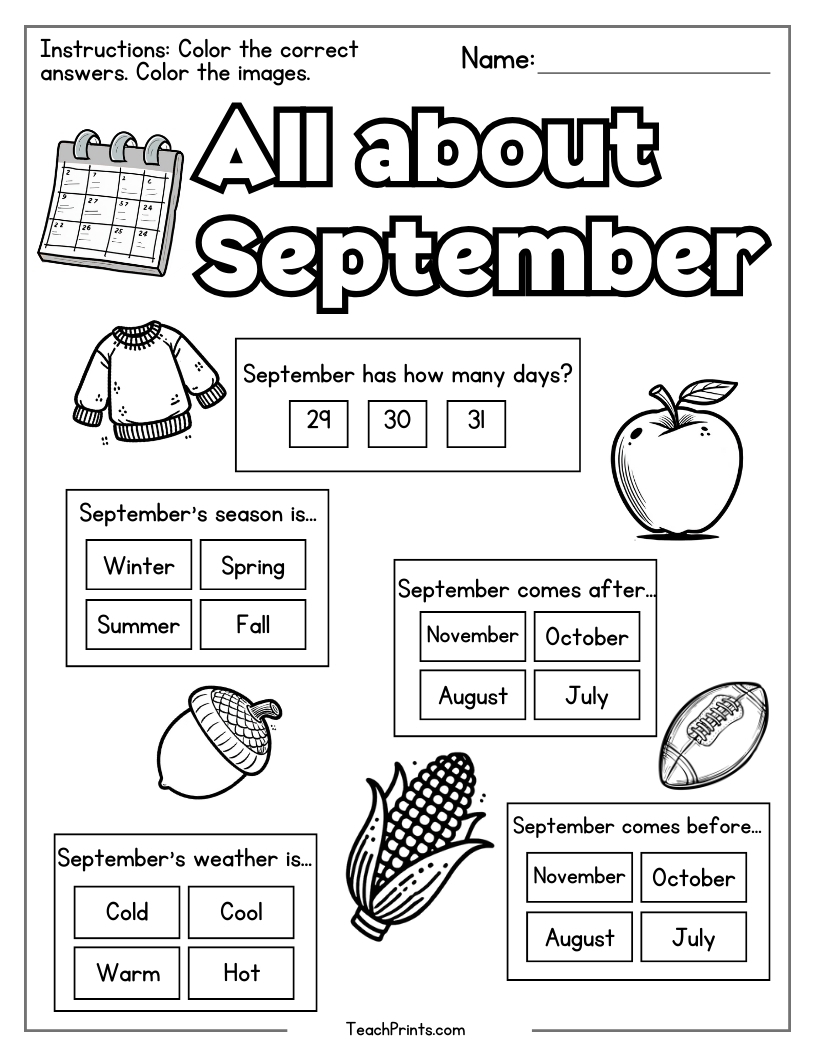 Free Printable September Worksheets