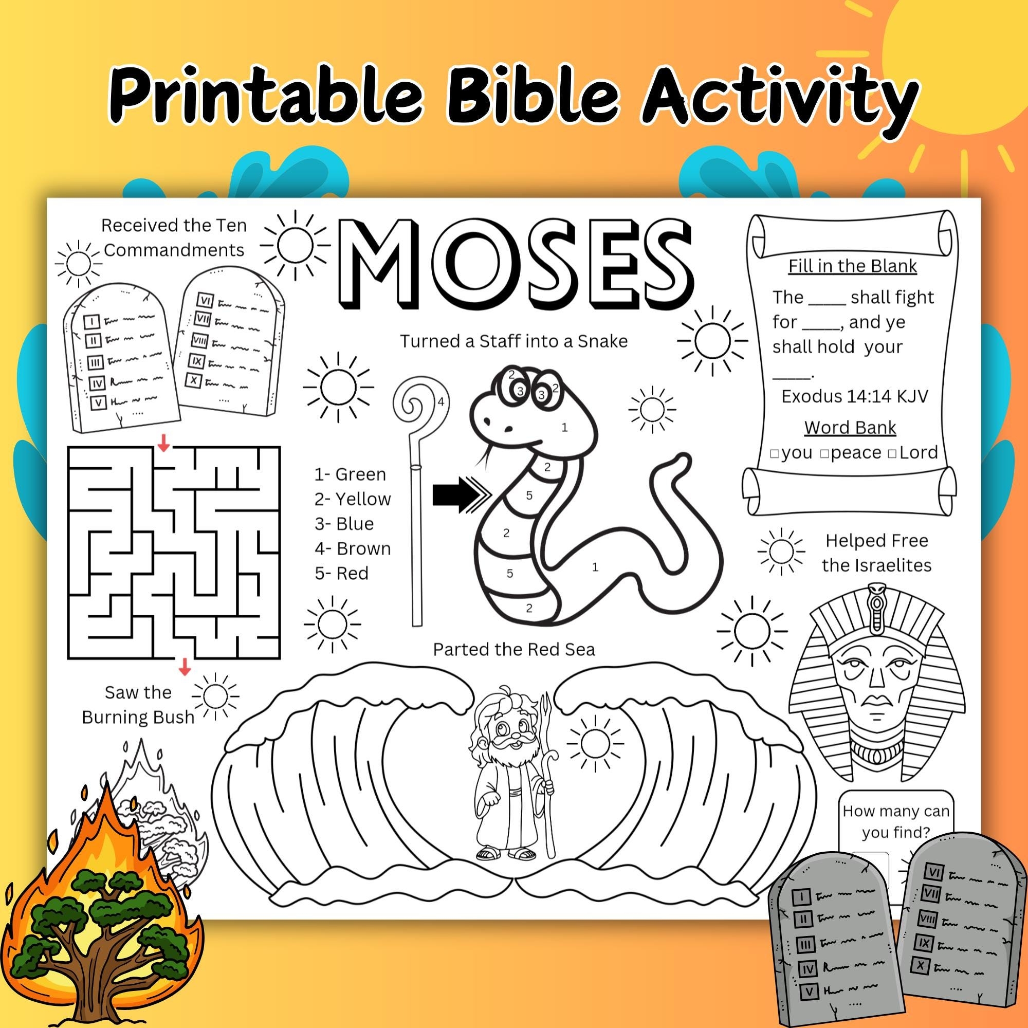 Moses Kids Activity Sheet Bible Story Coloring Activity Page 