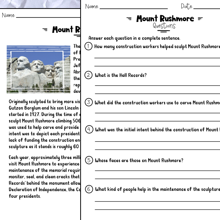 Free Printable Worksheets About Mount Rushmore