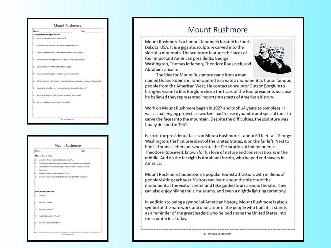 Mount Rushmore Reading Comprehension Passage Printable Worksheet Teaching Resources