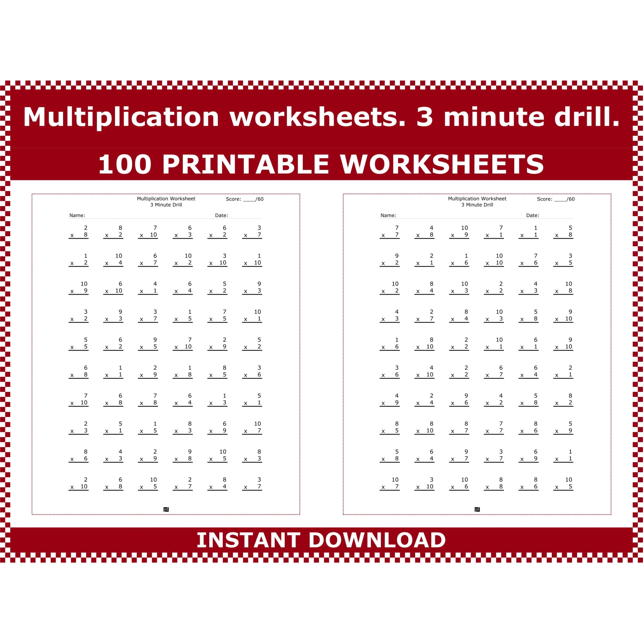 Multiplication Worksheets 3 Minute Multiplication Drills Multiplication Math Drills 3rd 4th Grade Multiplication Facts By Acminimalist Etsy