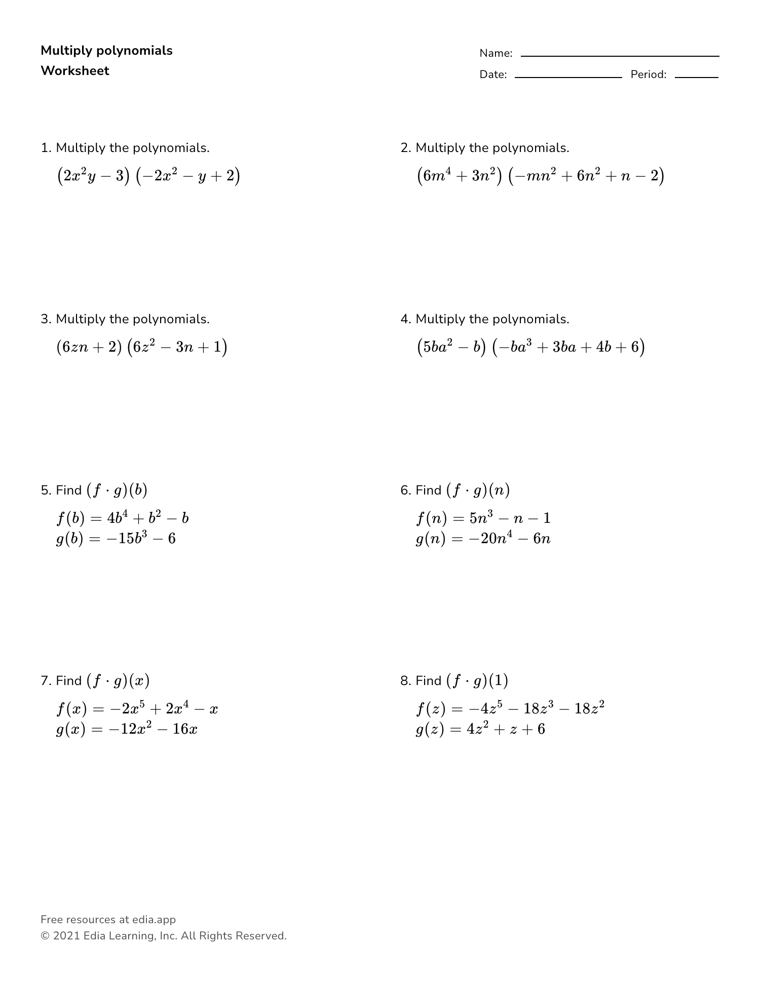 Multiply Polynomials integer Coefficients Worksheet 