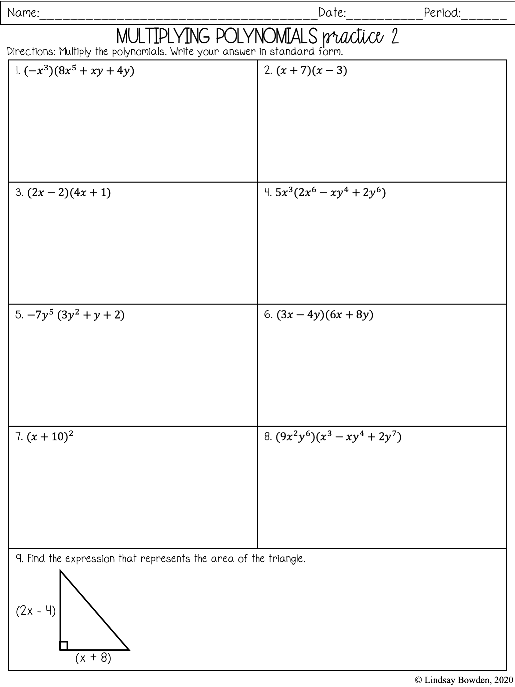 Multiplying Polynomials Notes And Worksheets Lindsay Bowden 