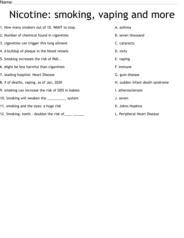 Nicotine Smoking Vaping And More Worksheet WordMint