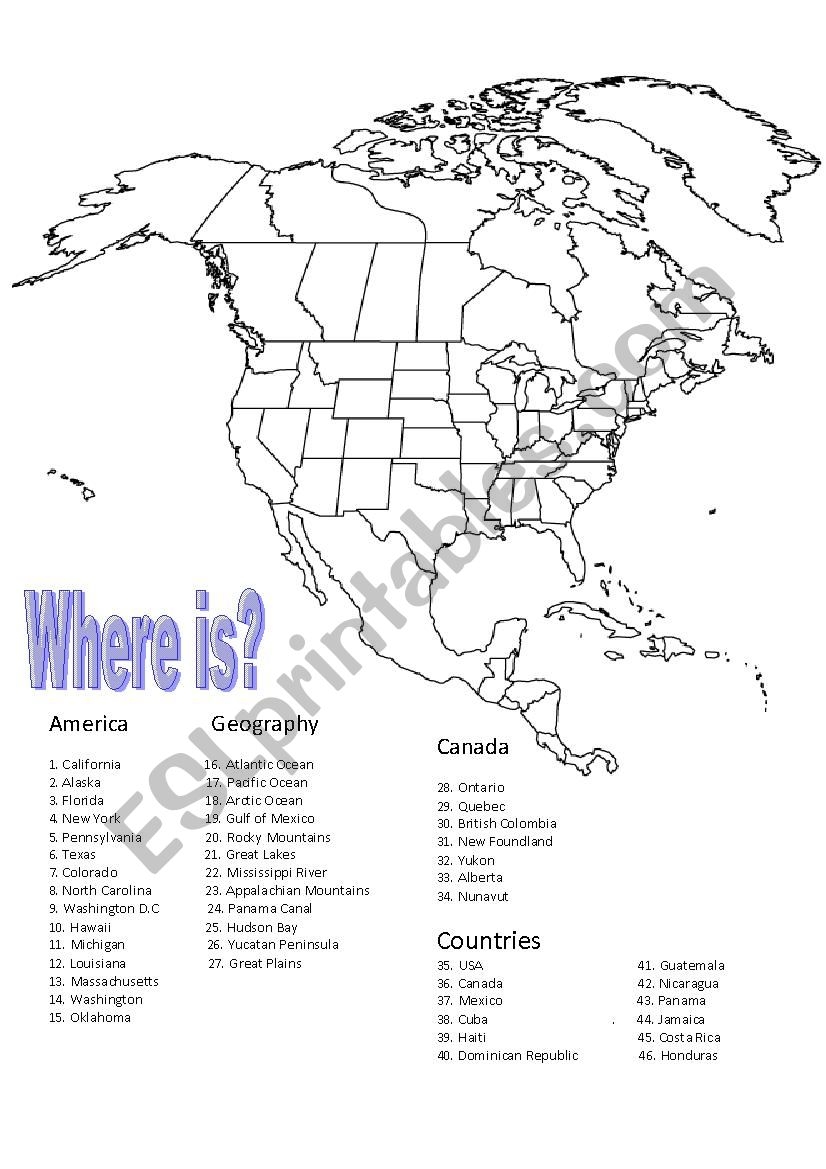 North America Review Map ESL Worksheet By Psyke117