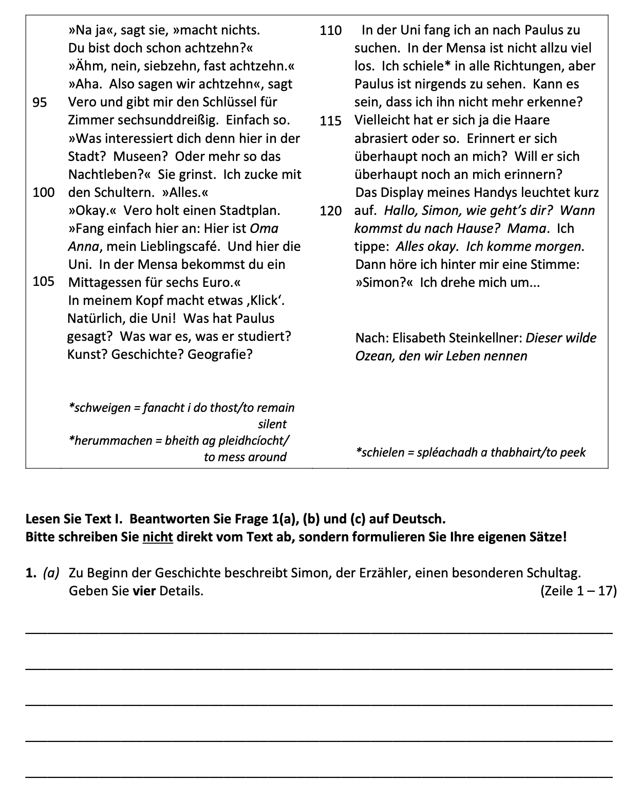 Novel Or Short Story Comprehension German Topic Questions 