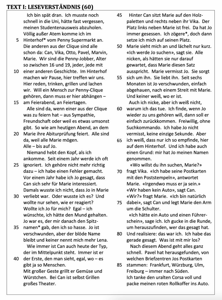 Novel Or Short Story Comprehension German Topic Questions