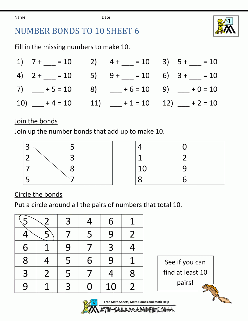Number Bonds To 10 Worksheets